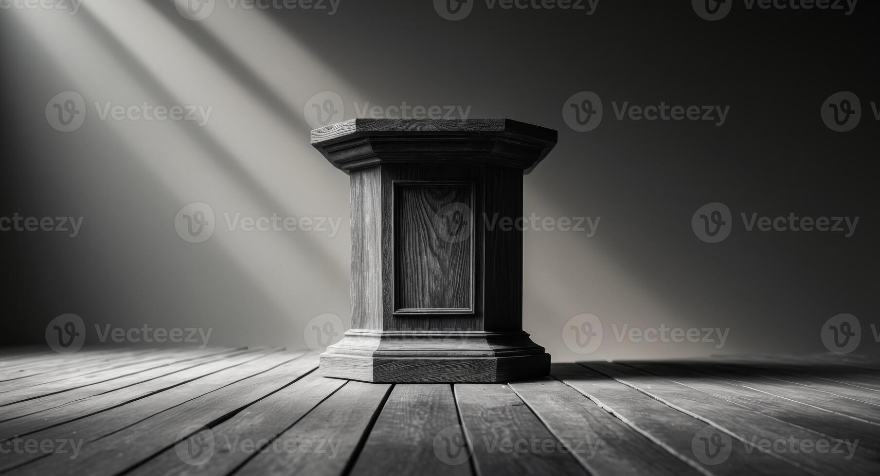 Elegant Wooden Pedestal in Monochromatic Light, Display Stand, Product Showcase. photo