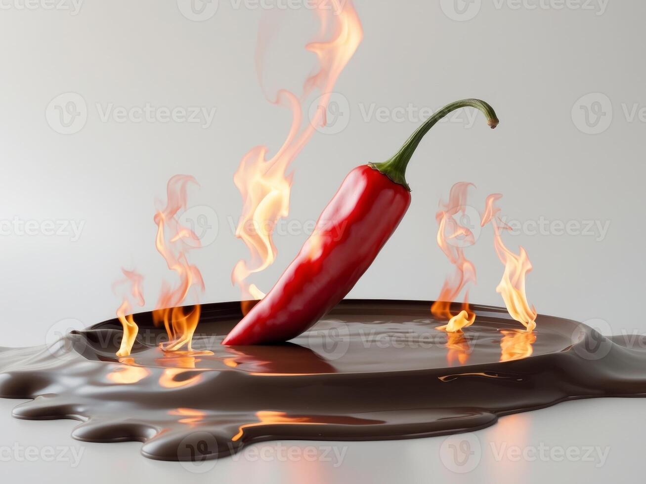 Red Chili Pepper in Chocolate Sauce, Ignited with Fire, Hot and Sweet Combination photo
