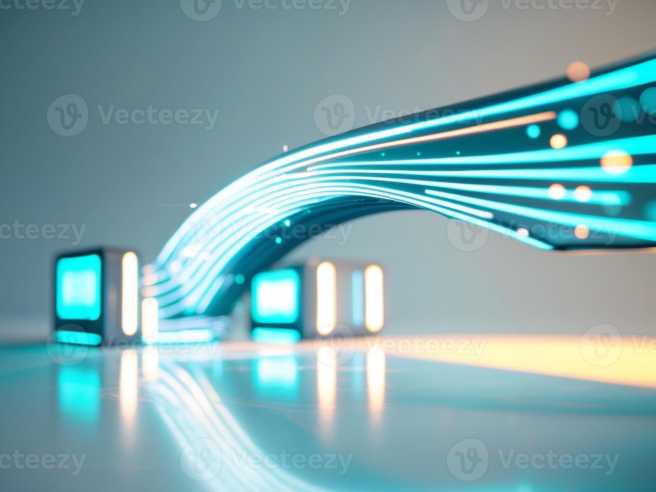 Abstract Technology. Data Flowing Through Neon Lit Cubes and Reflected on the Surface. photo