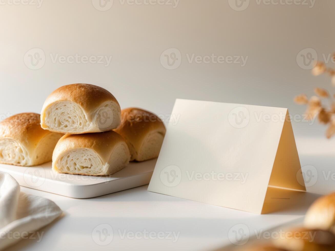 Golden Breads and a Card on a White Surface, Warm Light, Minimalist Food Photography. photo