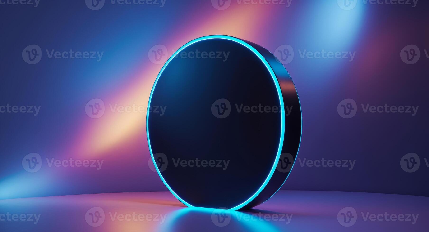 Abstract Neon Lit Circle on Stage, Modern Futuristic Background, Tech Concept photo