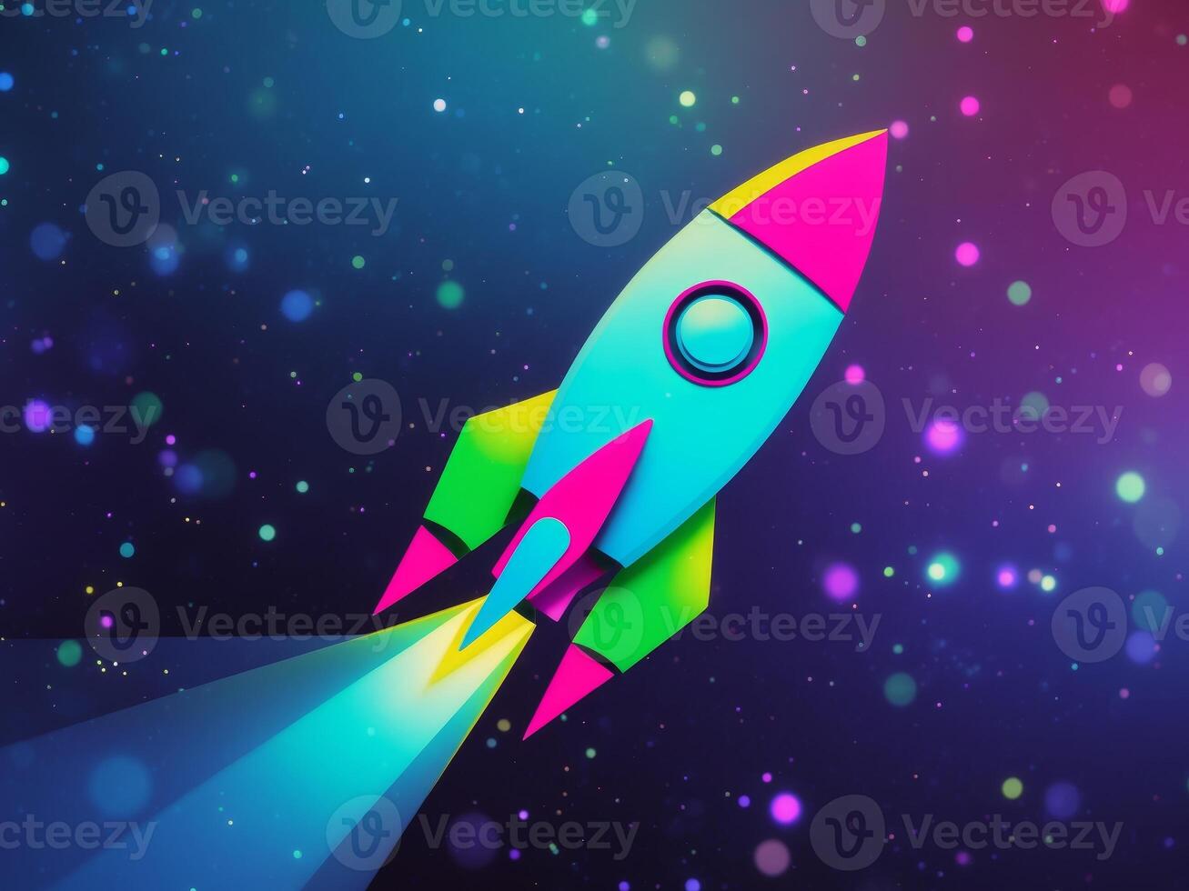 Retro Style Rocket Launching into Space with Vibrant Colors and Bokeh Effects. photo