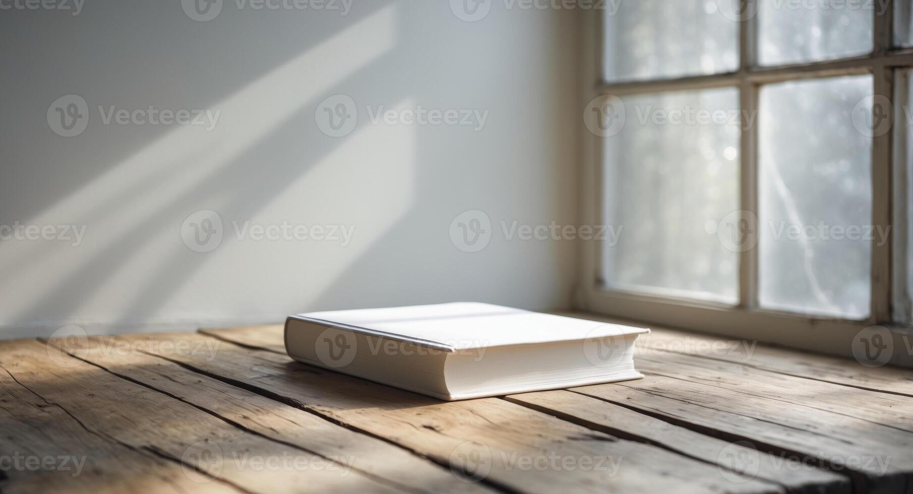 White Book on Rustic Wooden Table Near Window with Sunlight, Study and Literature. photo