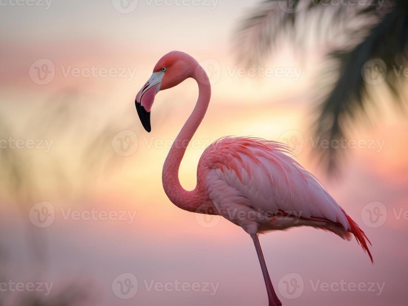 Flamingo Portrait at Sunset. A beautiful flamingo in vibrant hues, standing tall. photo