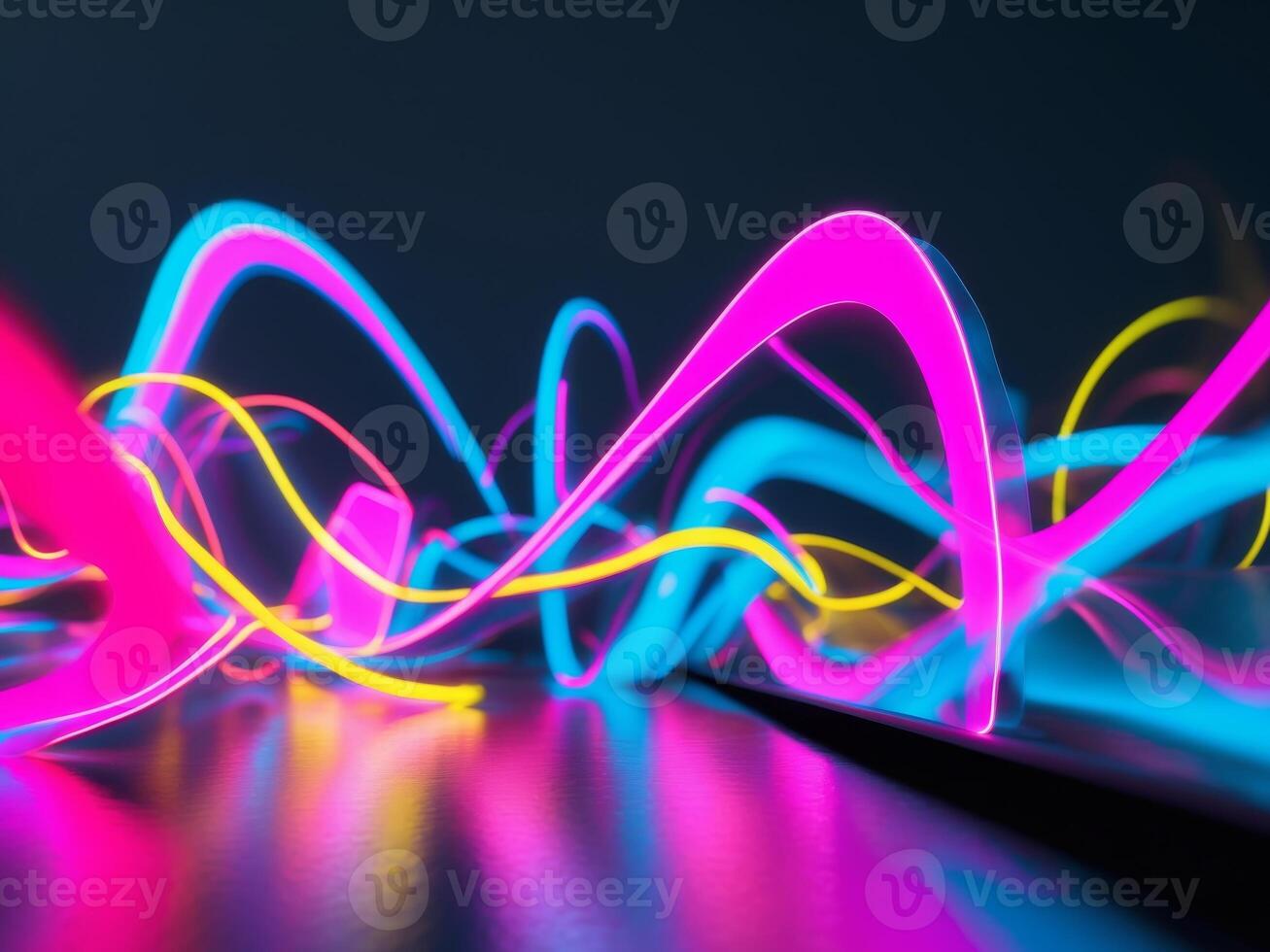 Abstract Neon Wave, Pink, Blue, and Yellow Lines with Reflections on a Shiny Surface. photo
