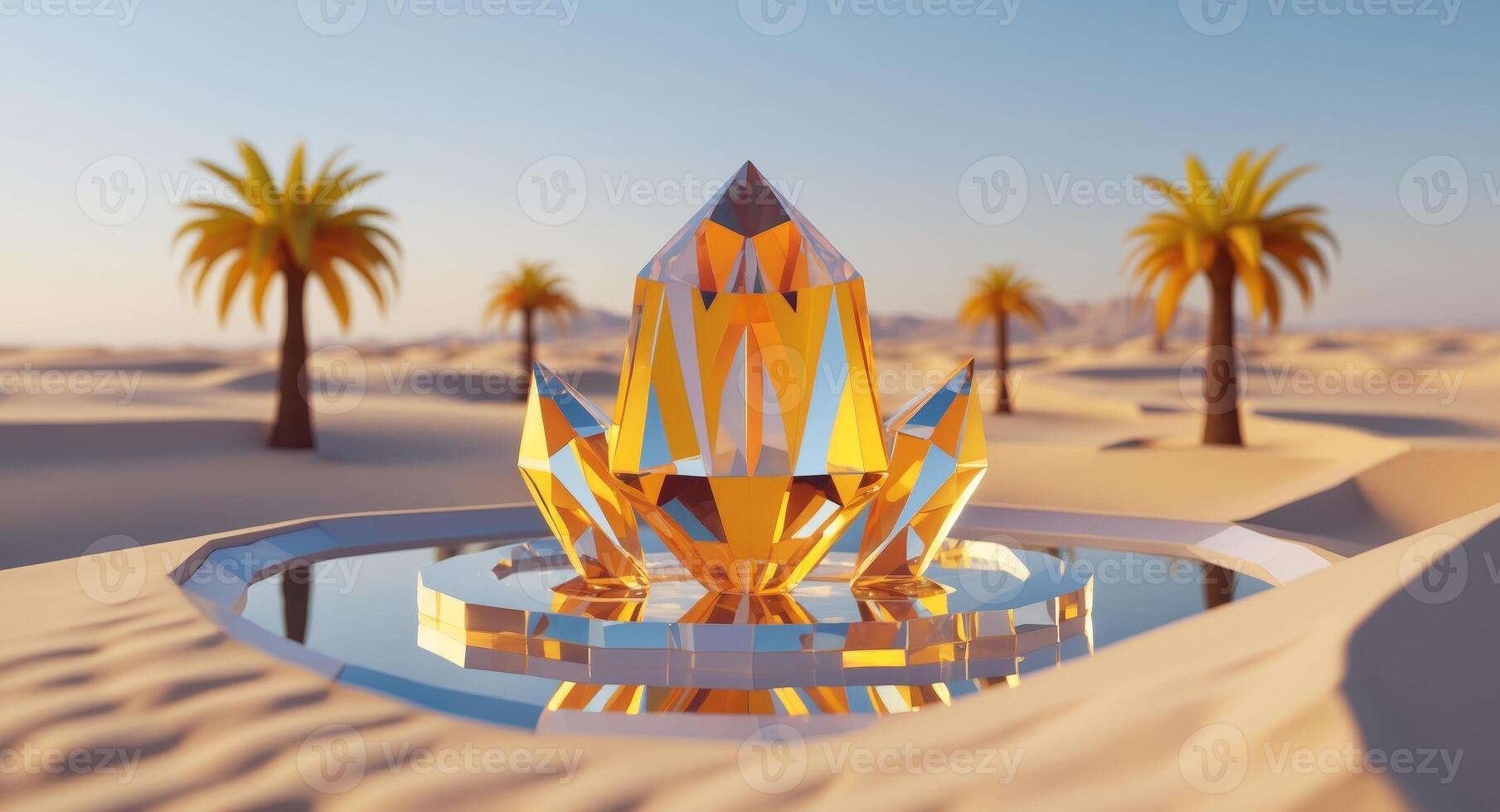 Golden Crystal Oasis. A Desert Dream with Palm Trees and Mirrored Reflections. photo