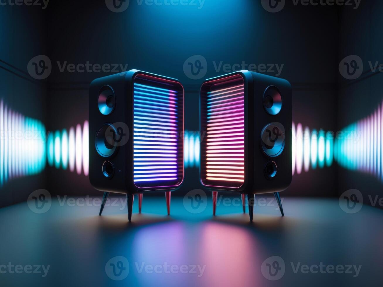 RetroFuturistic Speakers with Neon Lighting, Abstract Audio Visualizer Background. photo