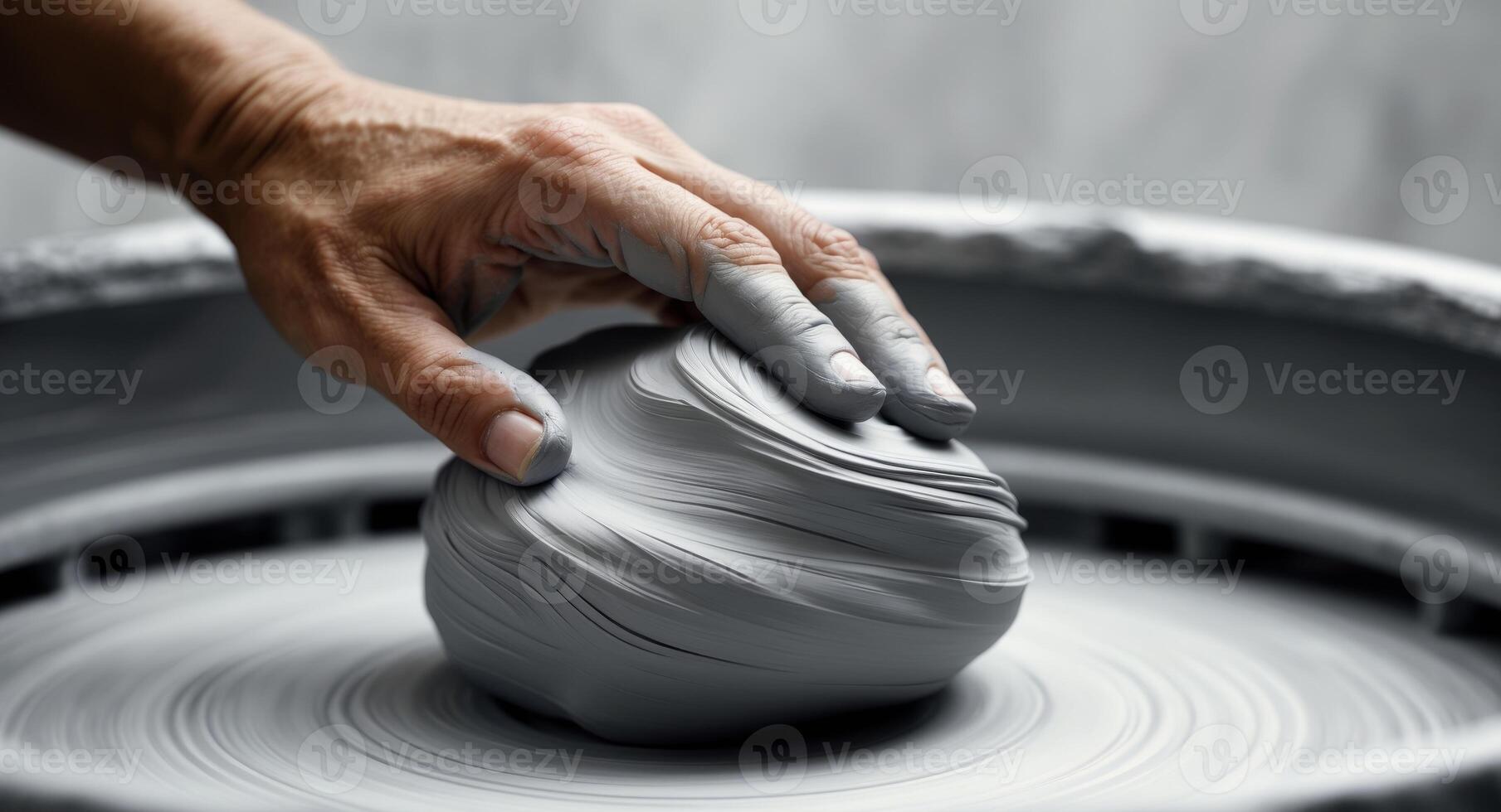 Pottery wheel, shaping clay by hand. A closeup view of the process, artistic touch. photo