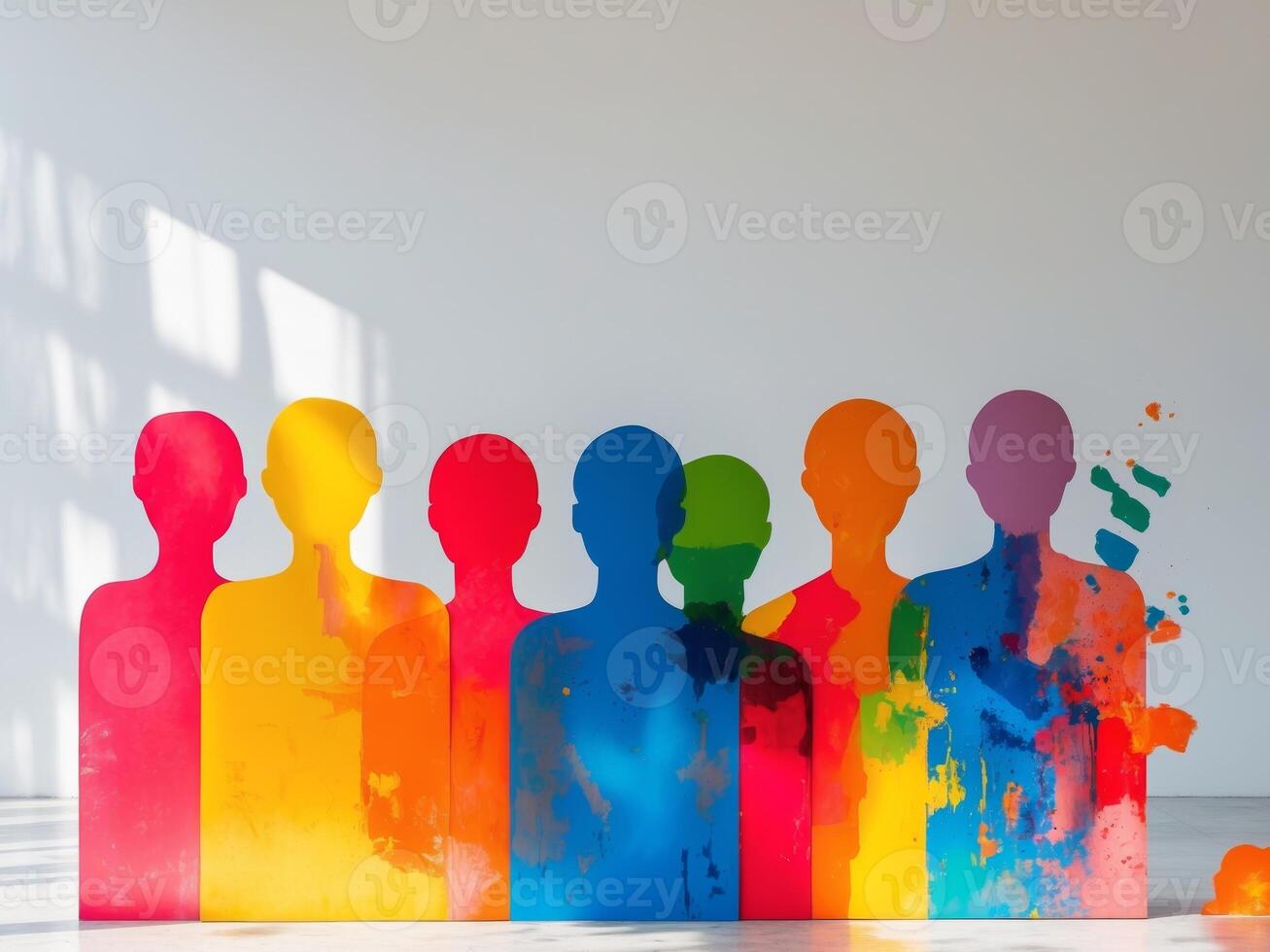 Abstract Colorful Cutouts of Human Figures Against White Wall, Artistic Expression. photo