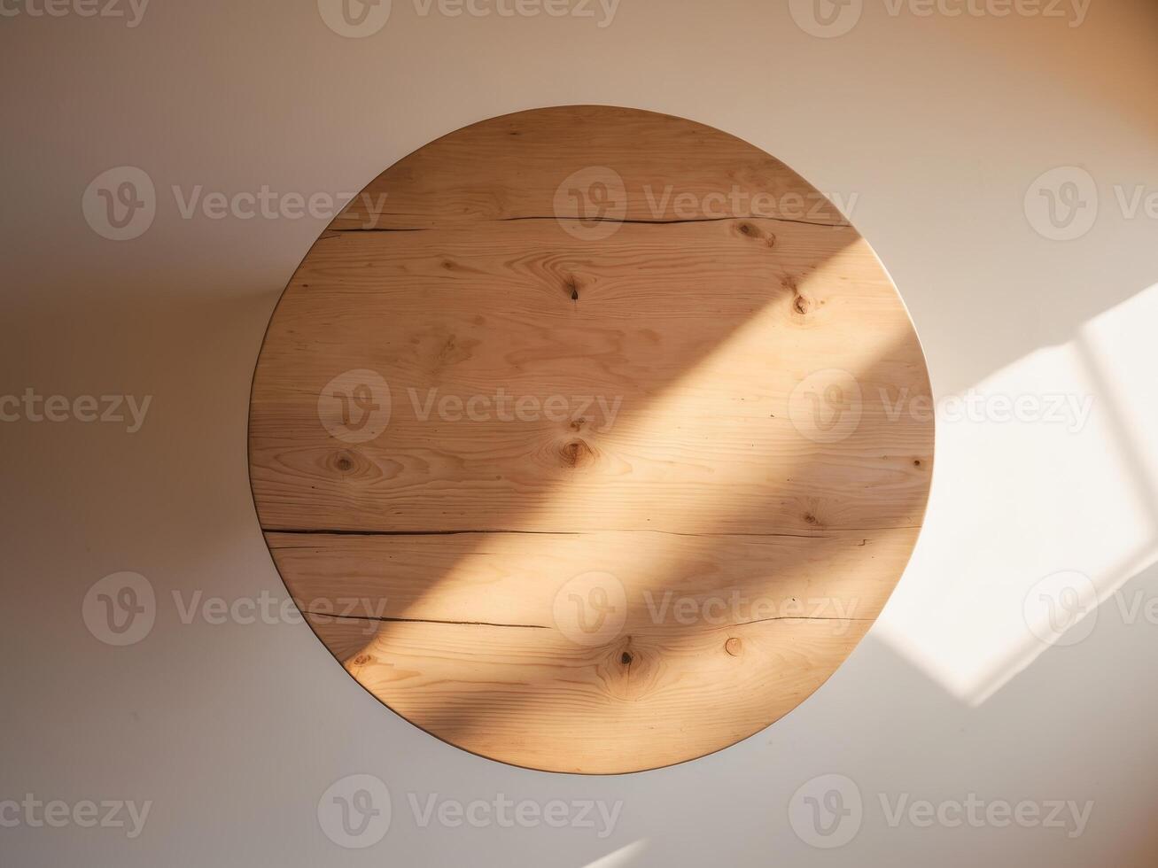 Round Wooden Table Top with Sunlight, Top View, Minimalist Style, Calm Interior. photo