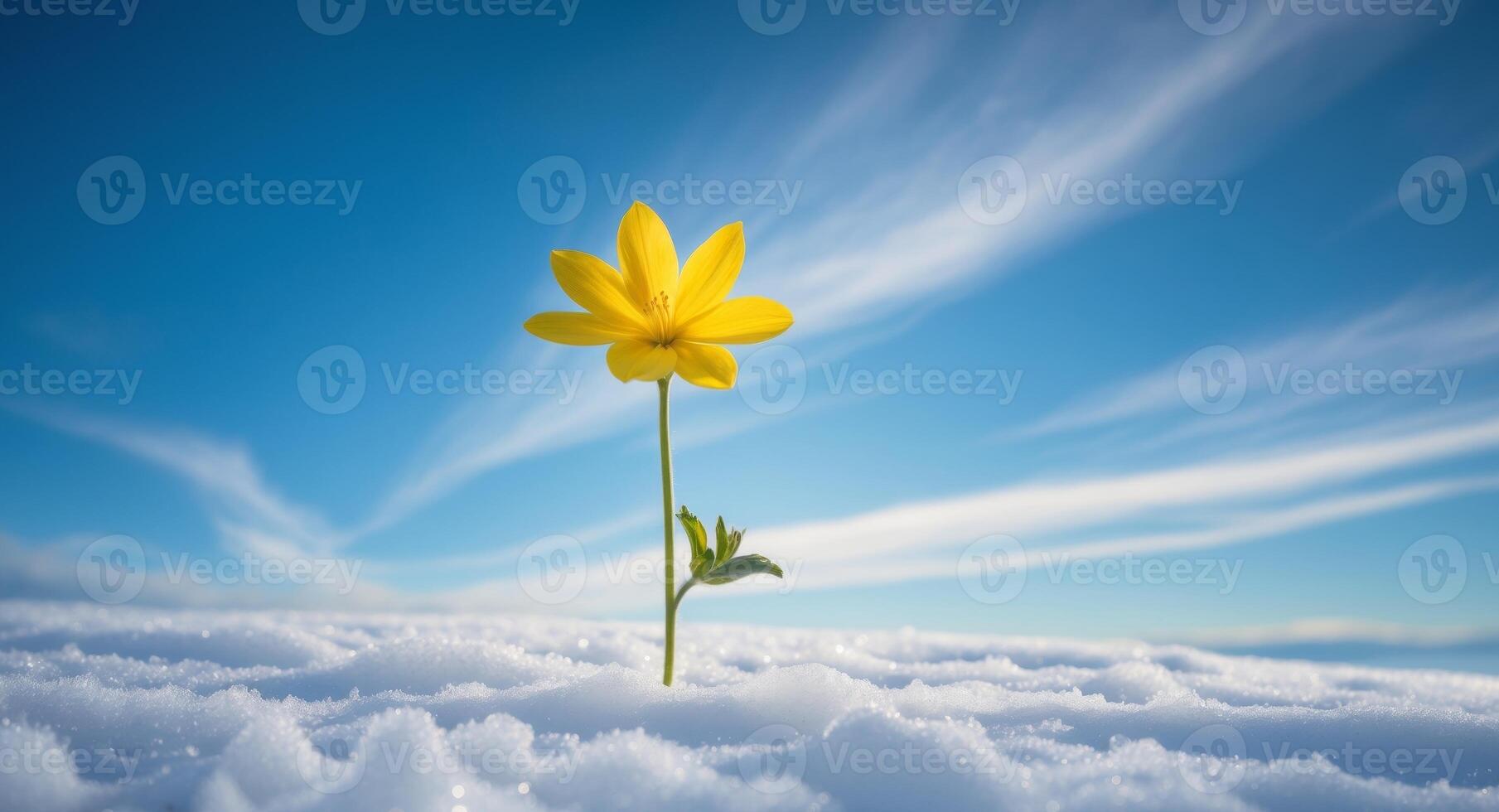 A single yellow flower stands tall in a snowcovered field against a blue sky. photo