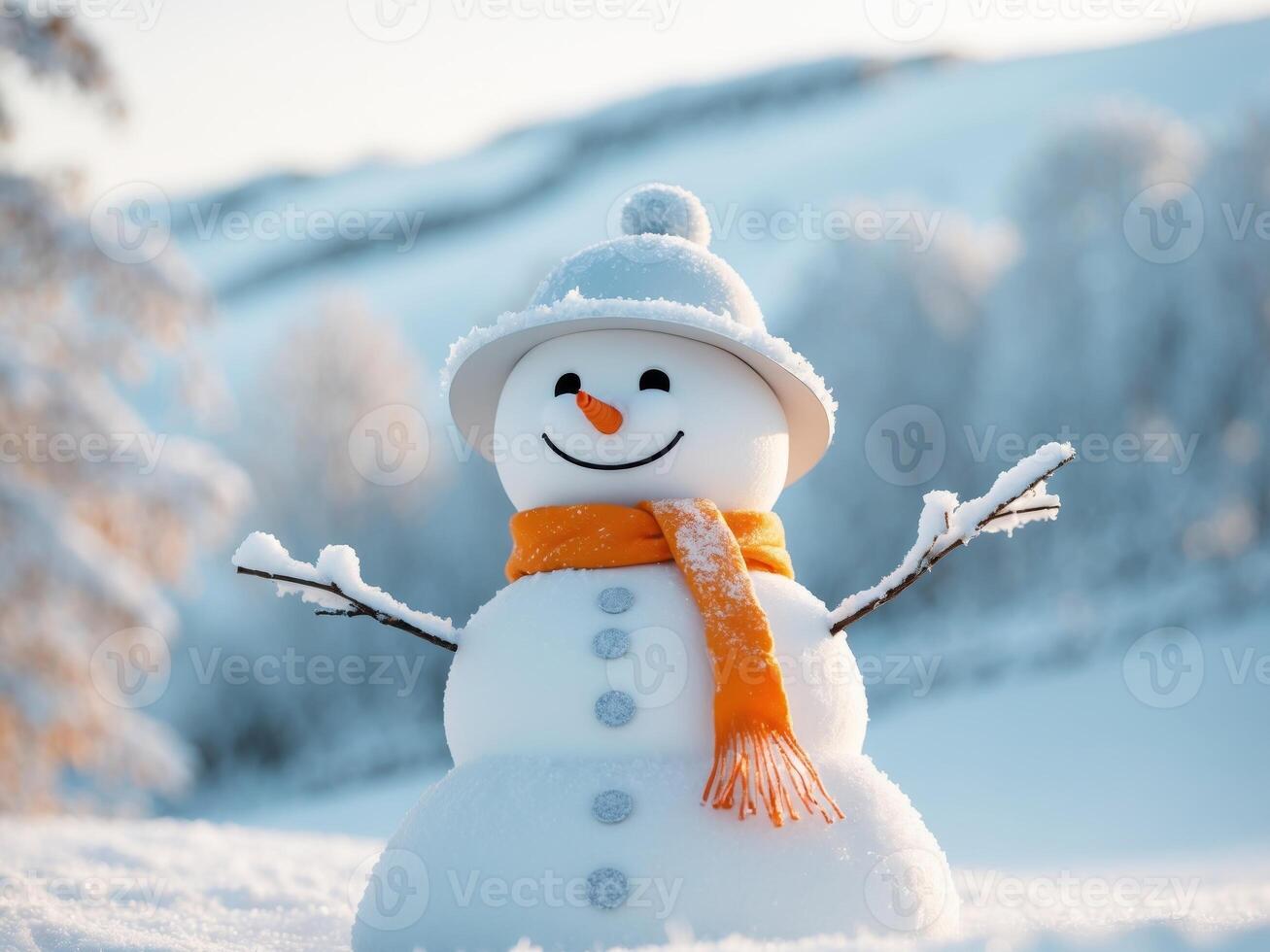 A snowman with an orange scarf and hat photo