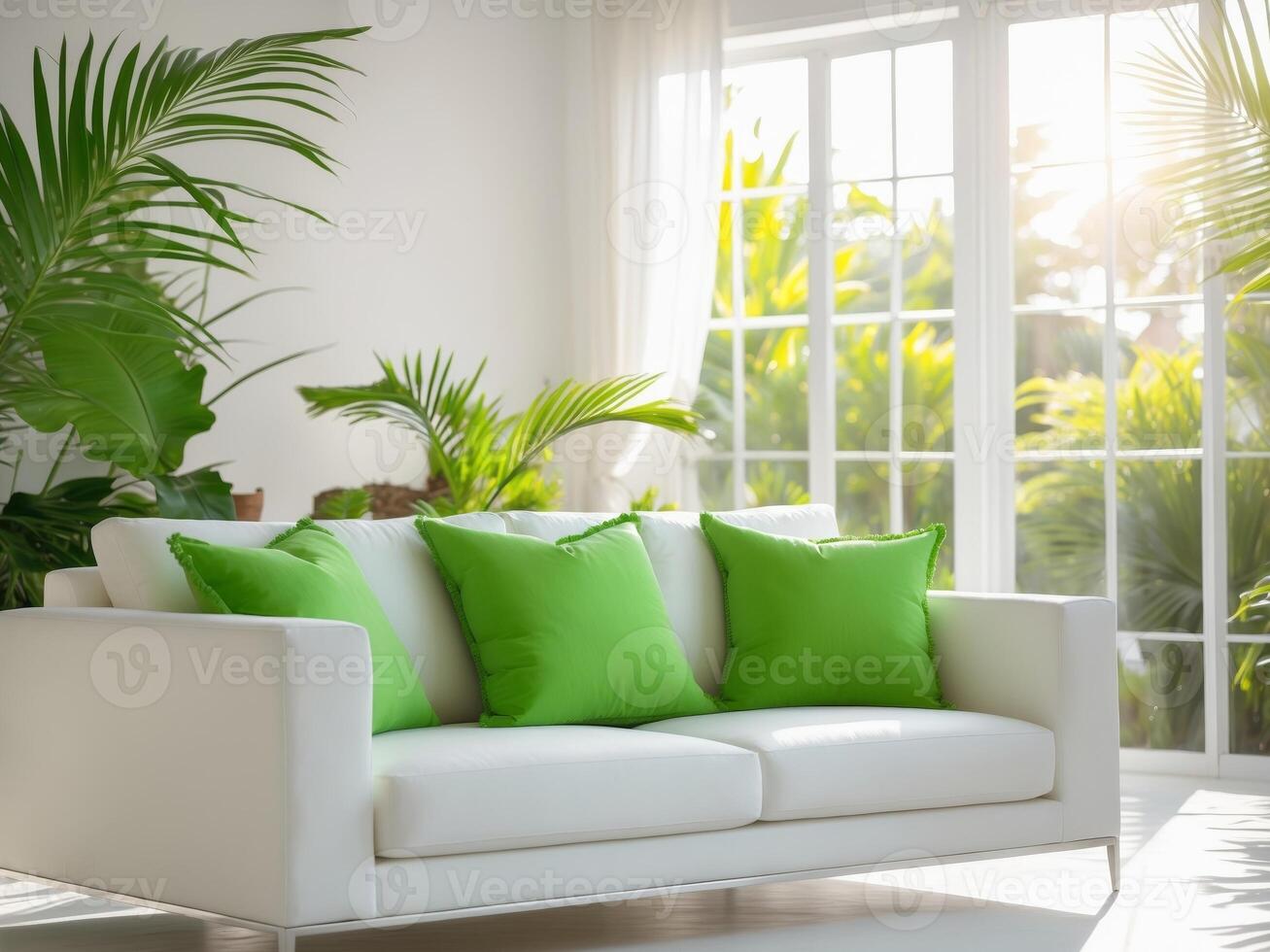 A white couch with green pillows in front of a window photo