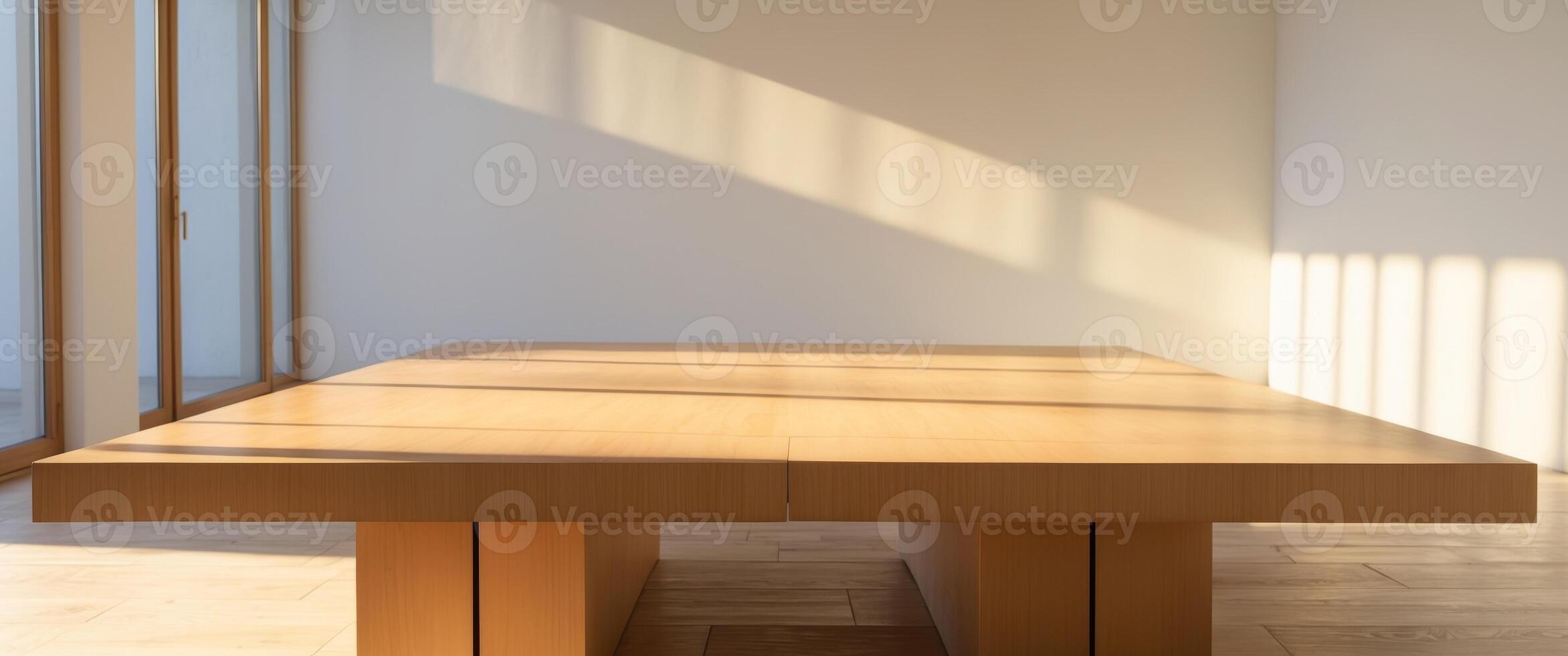 A wooden table in a room with sunlight shining on it photo