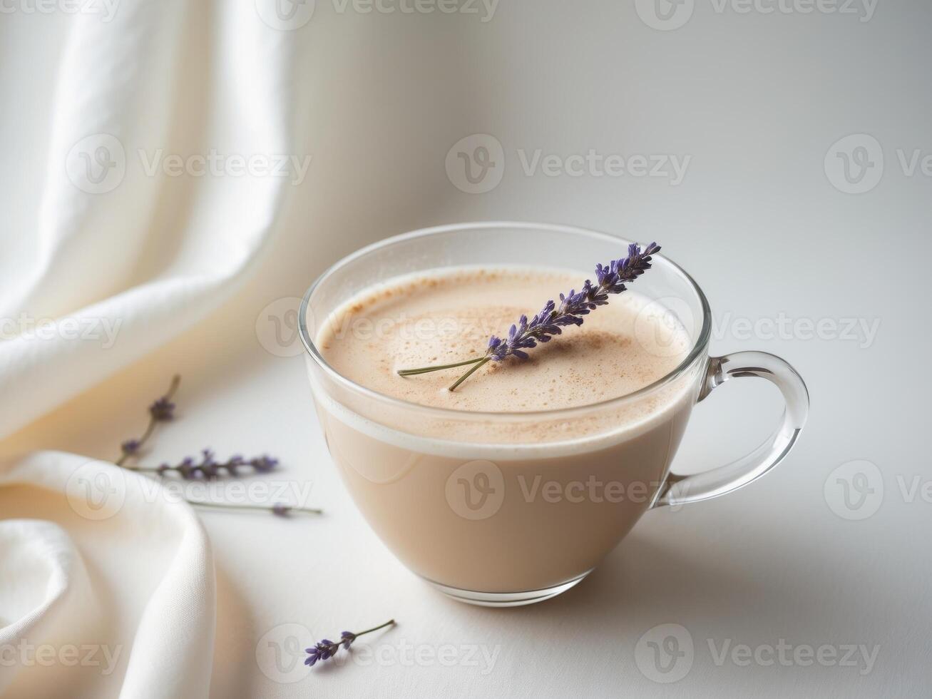 Lavender Latte in a Glass Cup with Creamy White Fabric, a Calm and Elegant Still Life. photo