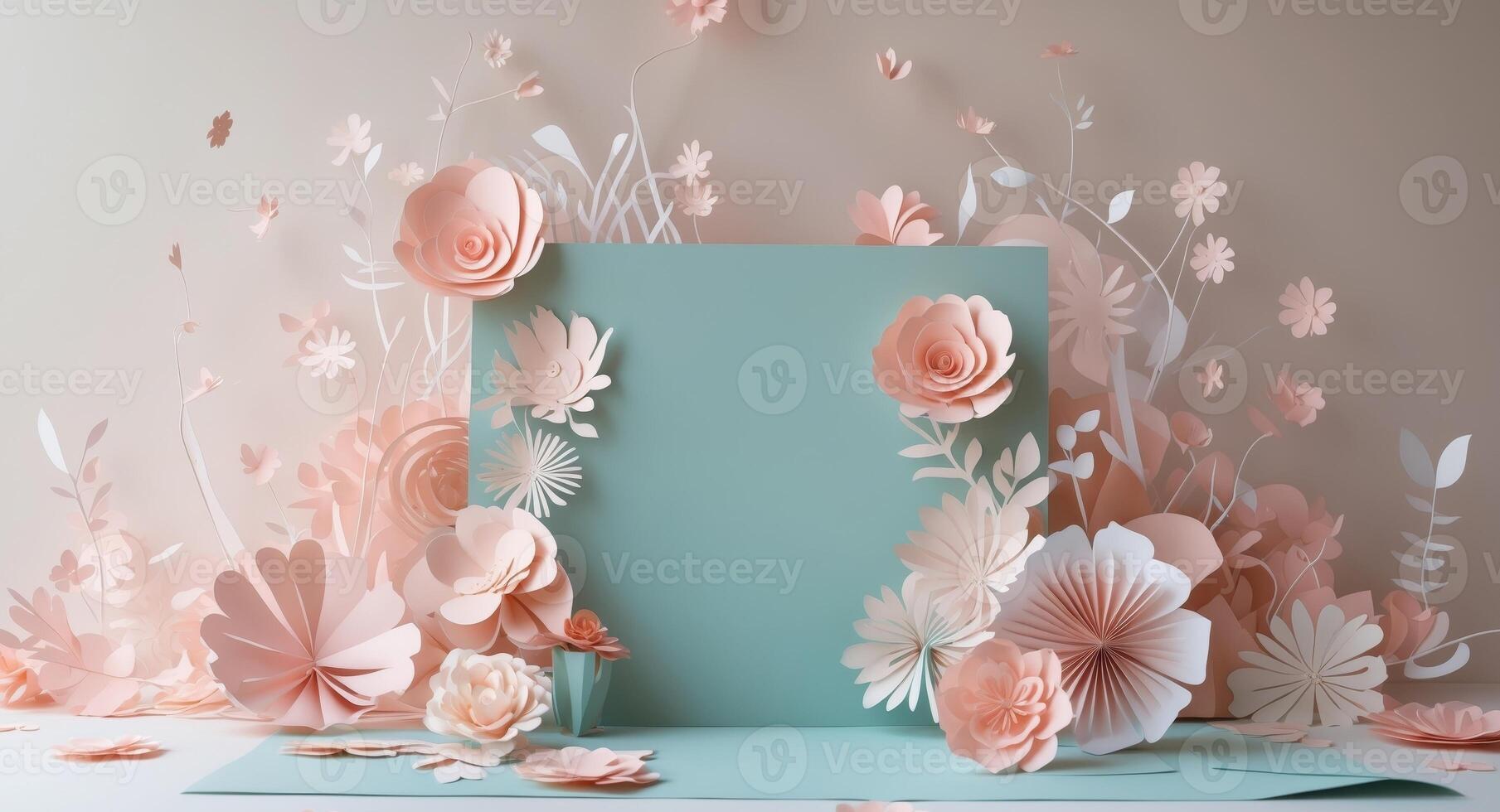 Elegant Paper Flower Backdrop with Teal Square for Text or Product Display. photo