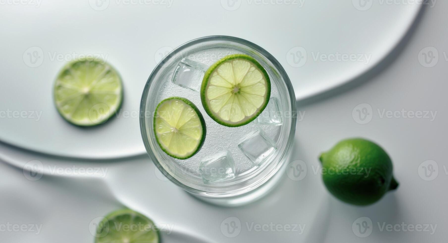 Refreshing Lime Drink. A Cool Glass of Water with Ice and Fresh Lime Slices, Top View photo