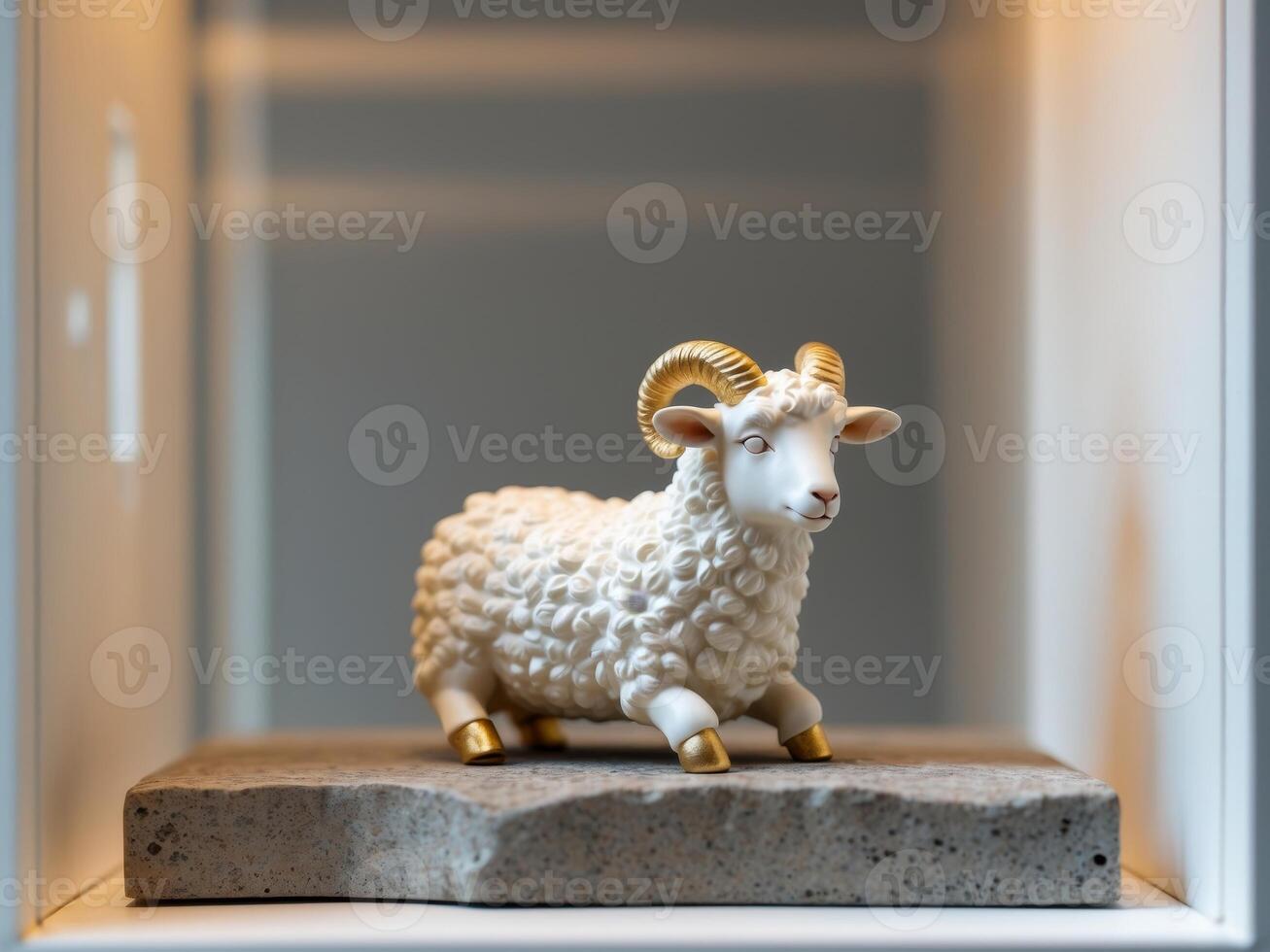 Elegant White Sheep Figurine with Golden Horns and Hooves on a Concrete Platform. photo