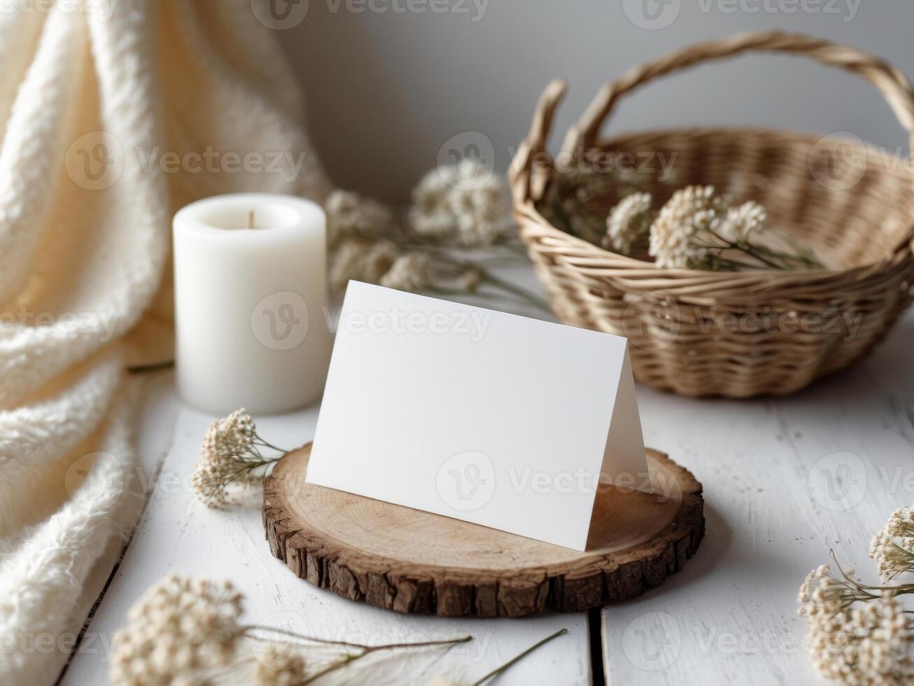 Minimalist Card Mockup with Candle, Basket, and Flowers on Wooden Surface. photo