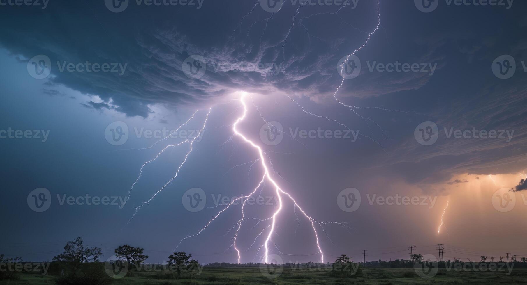 Spectacular Lightning Storm Over a Field at Night, A Powerful Display of Nature. photo