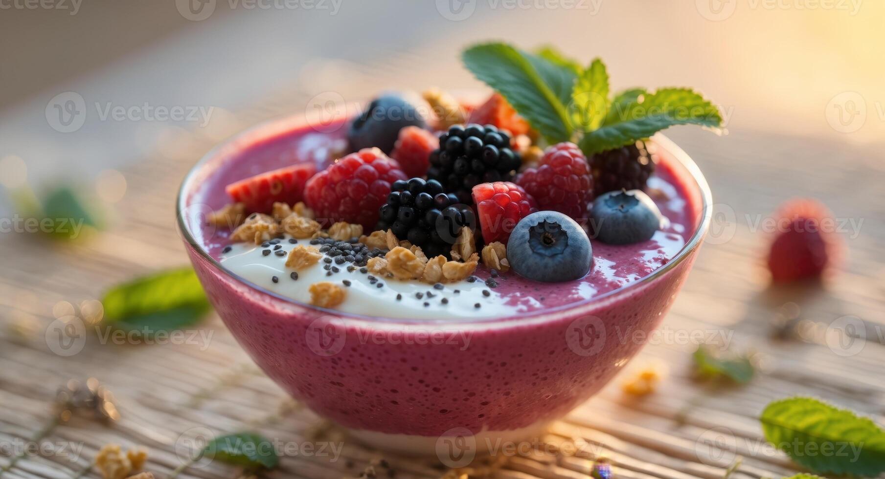 A bowl of fruit smoothie with berries and mint photo