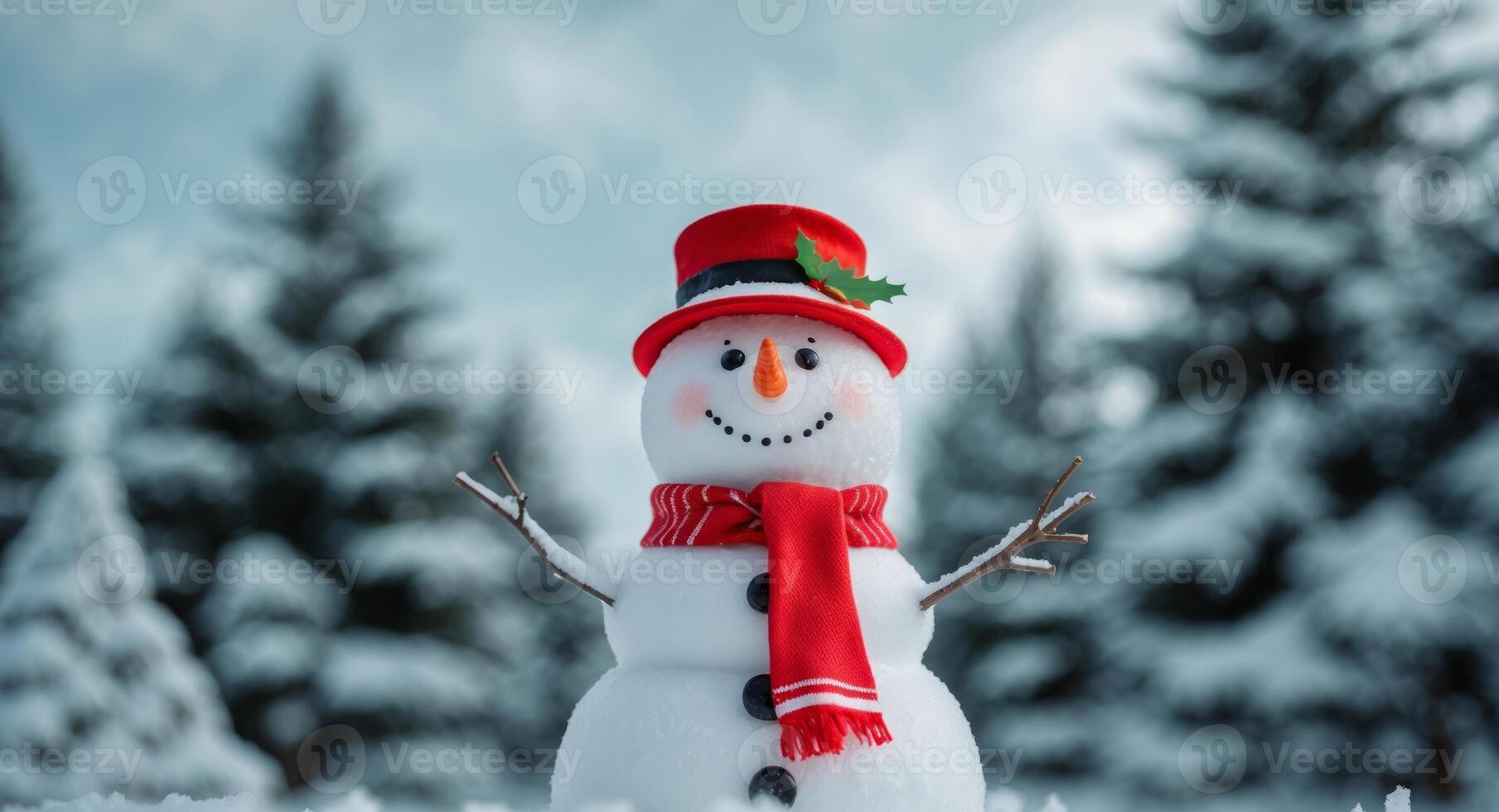 A Cheerful Snowman with a Festive Red Hat and Scarf, Standing in a Snowy Landscape. photo
