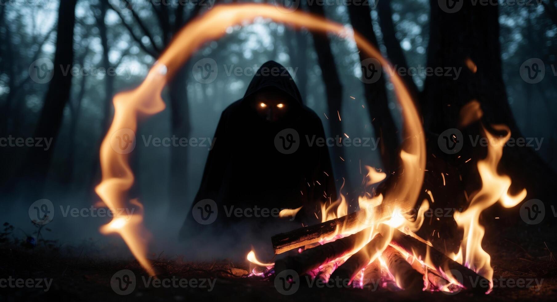 Ritual in the Dark Forest. A Hooded Figure, Burning Circle, and Campfire Spectacle. photo