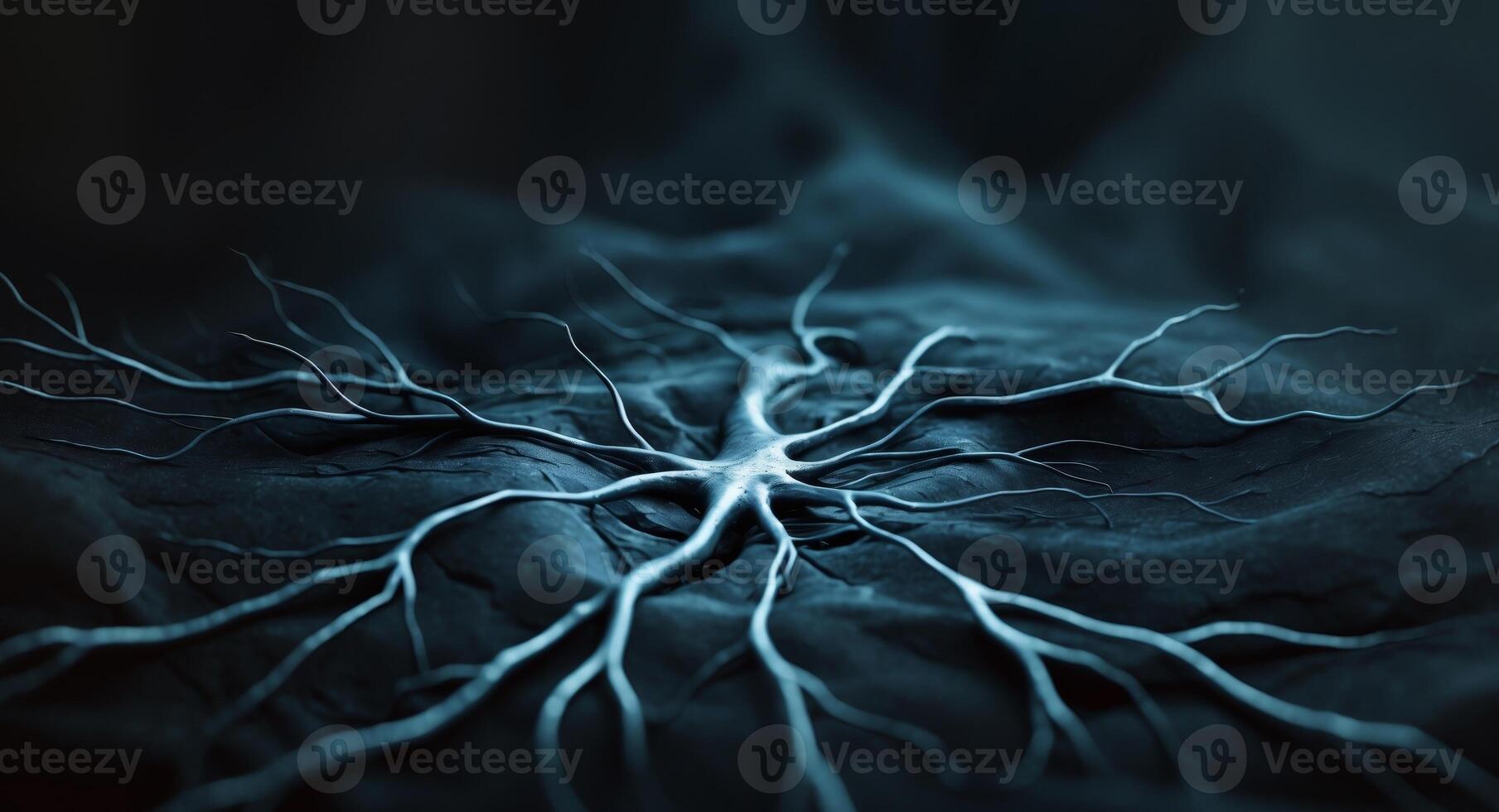 Neural Network Abstract, Dark Blue Tones, Complex System Visualization, Connectivity. photo