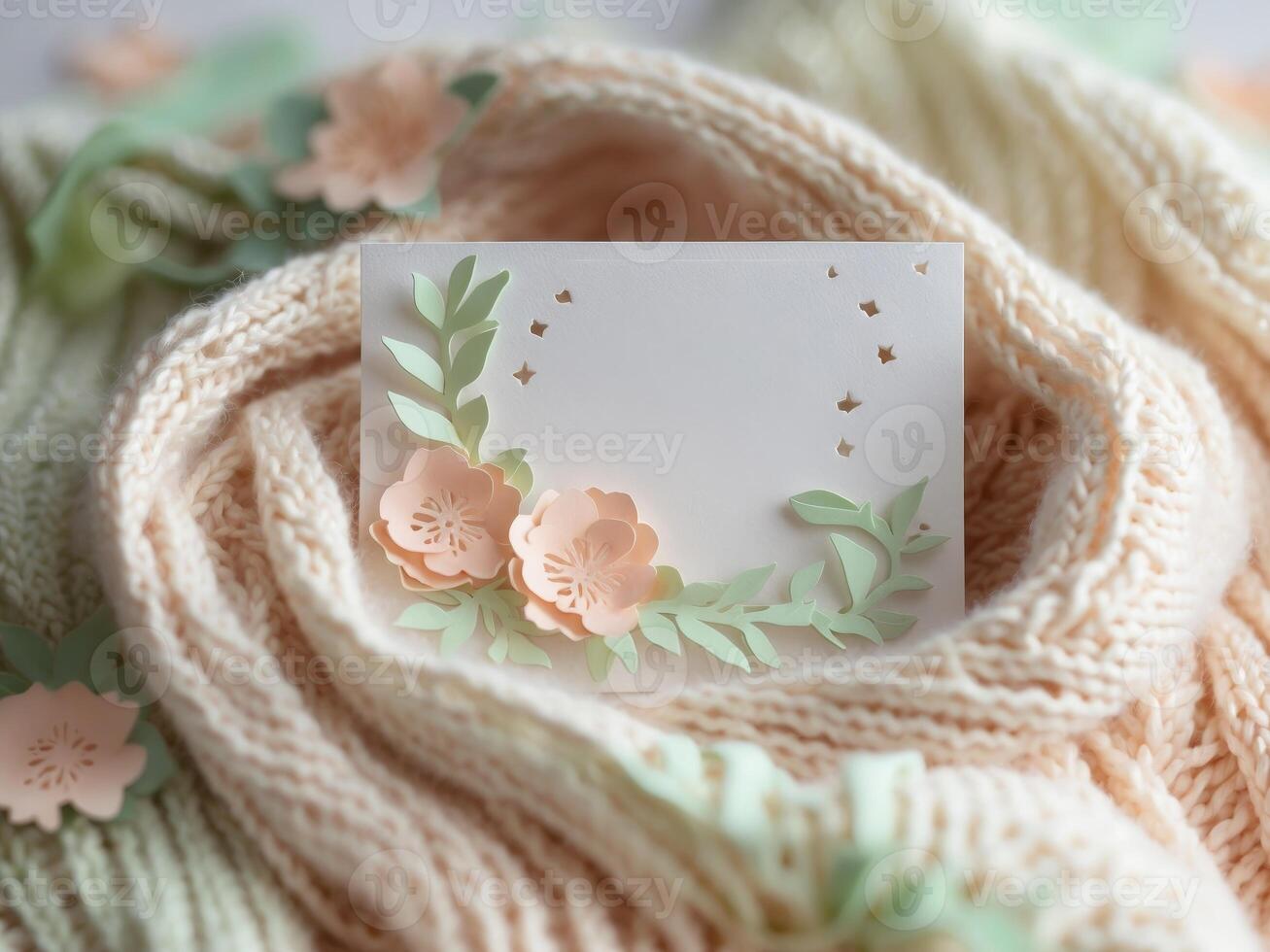 Blank Card with Peach Paper Flowers and Green Leaves on Cozy Knitted Scarf Background. photo