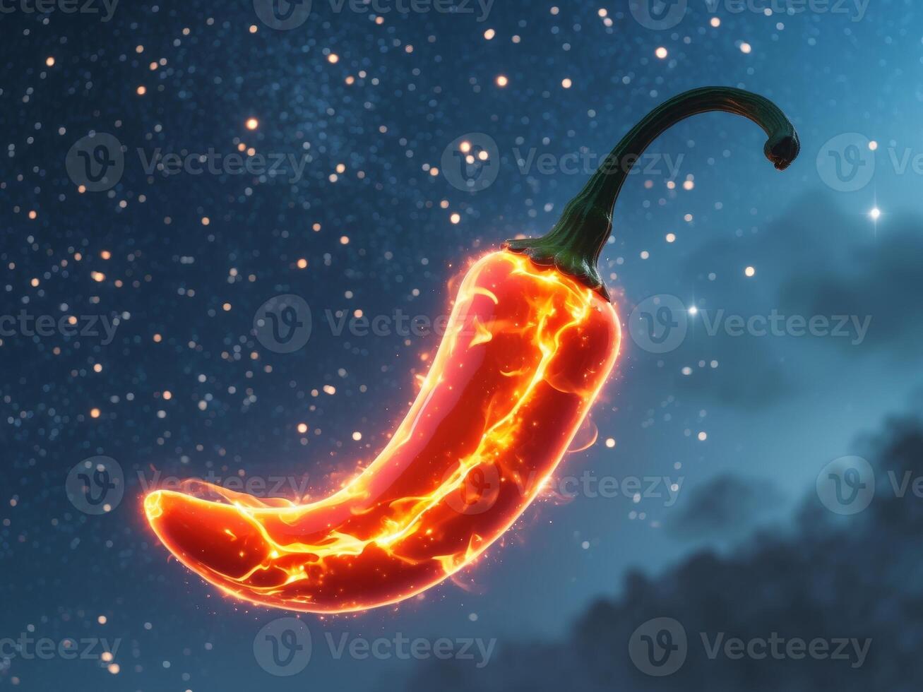 Fiery Chili Pepper Floating in a Starry Night Sky with Soft Cloud Formations. photo