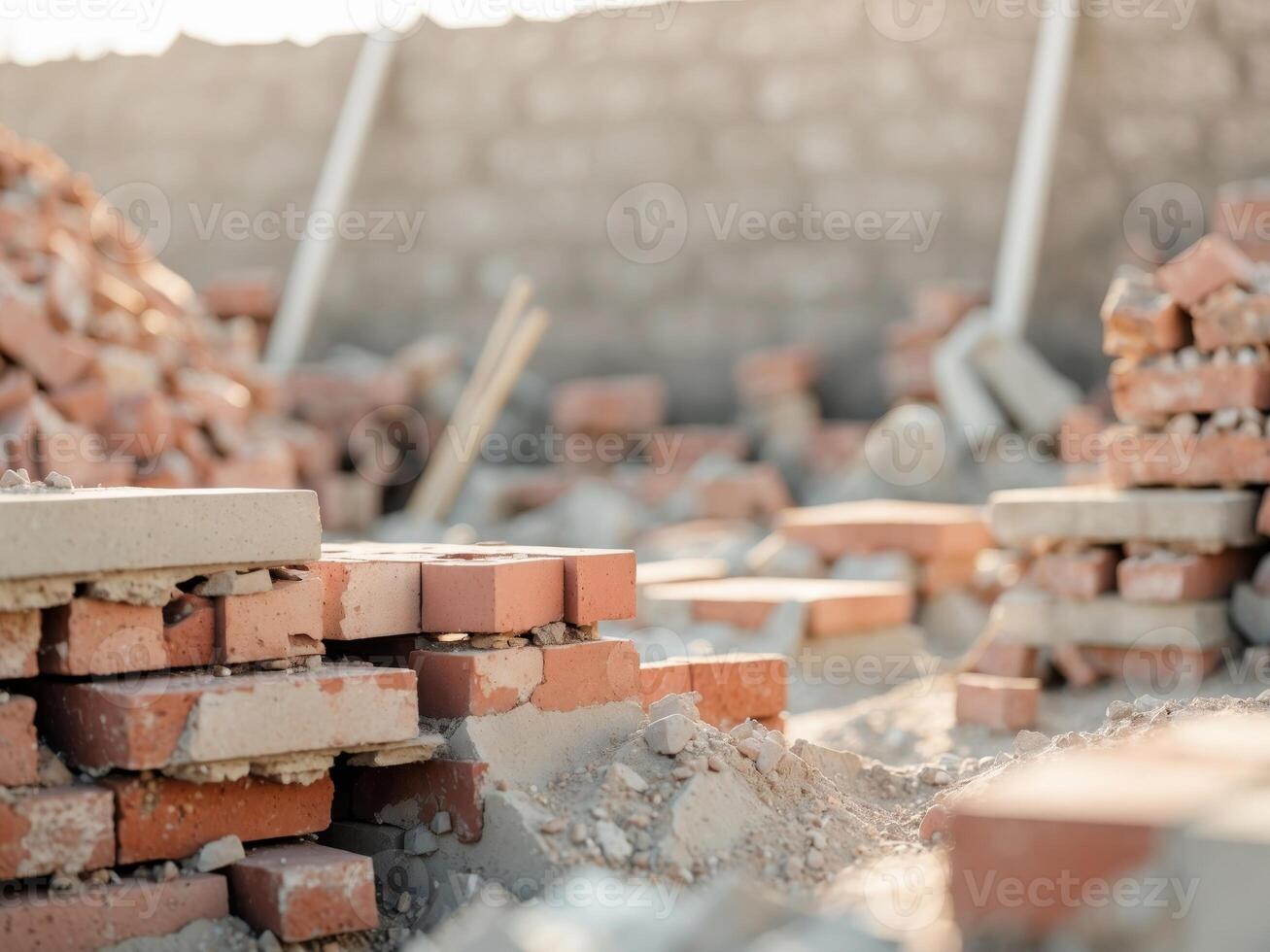 A pile of bricks sitting on top of a wall photo