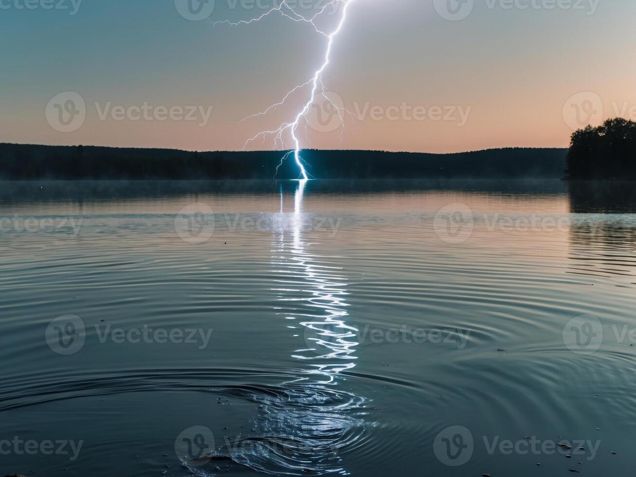 Lightning Strikes Over Still Lake Water, Reflecting in Calm Surface, Evening Sky Above. photo