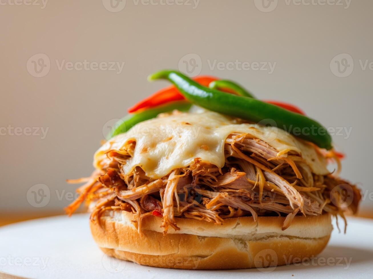 Delicious Pulled Pork Sandwich with Melted Cheese and Peppers, a Culinary Delight. photo