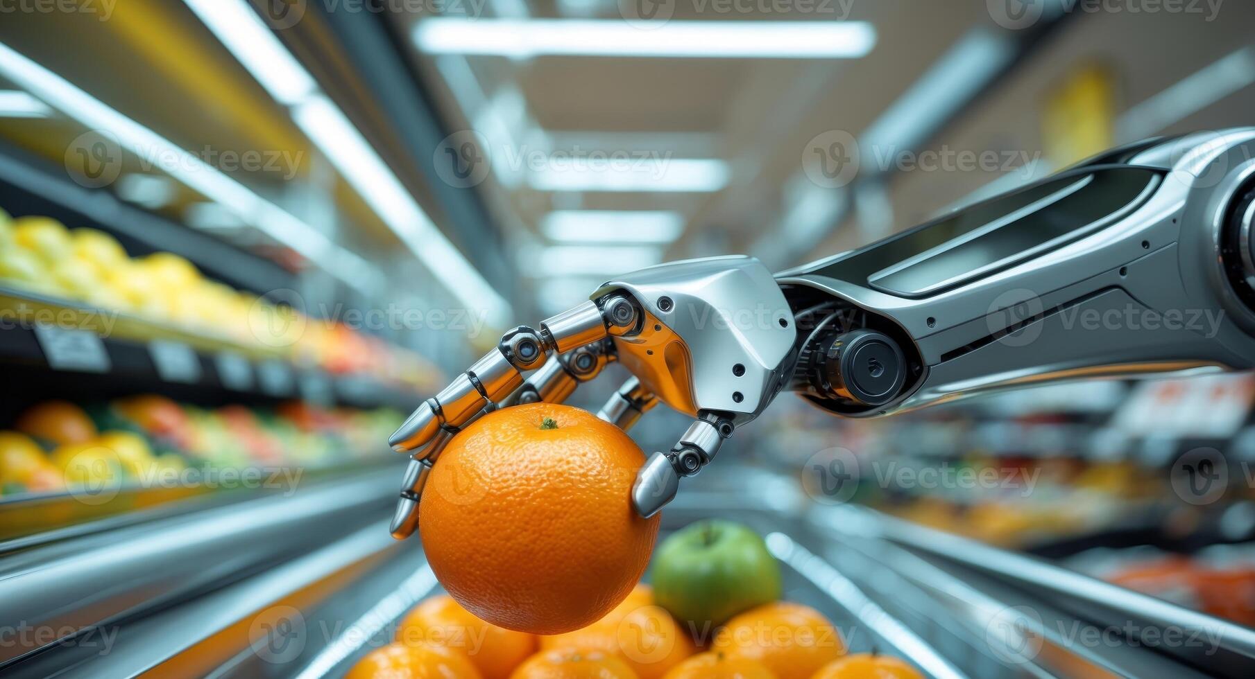 Robot Hand Choosing an Orange in a Supermarket Aisle, Future of Shopping, Technology. photo