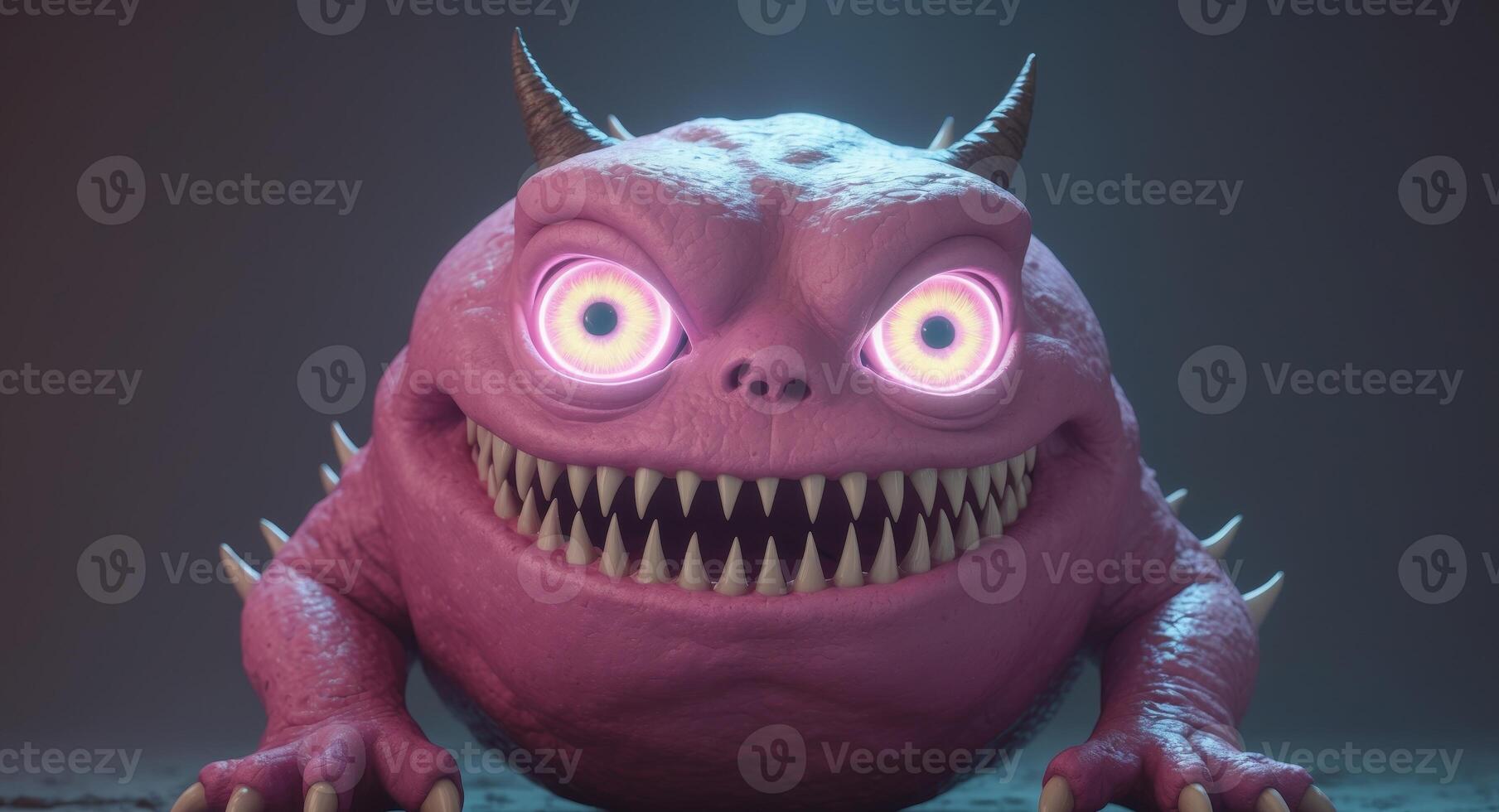 Cute, yet Creepy. A Pink Monster with Glowing Eyes and a Sinister Smile Digital Art. photo