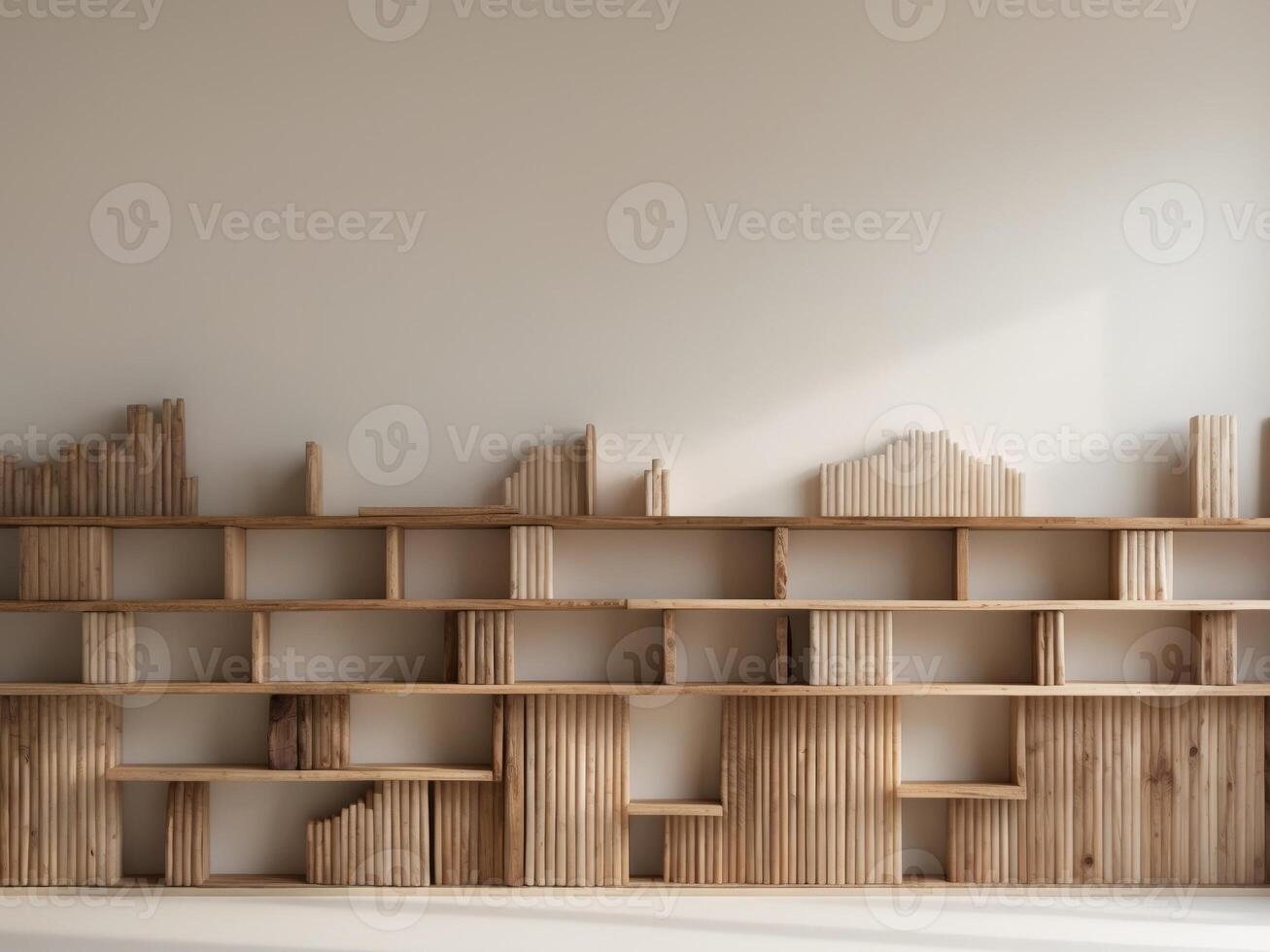 Modern Wooden Bookshelf with Unique Design and Creative Shelving Arrangement. photo