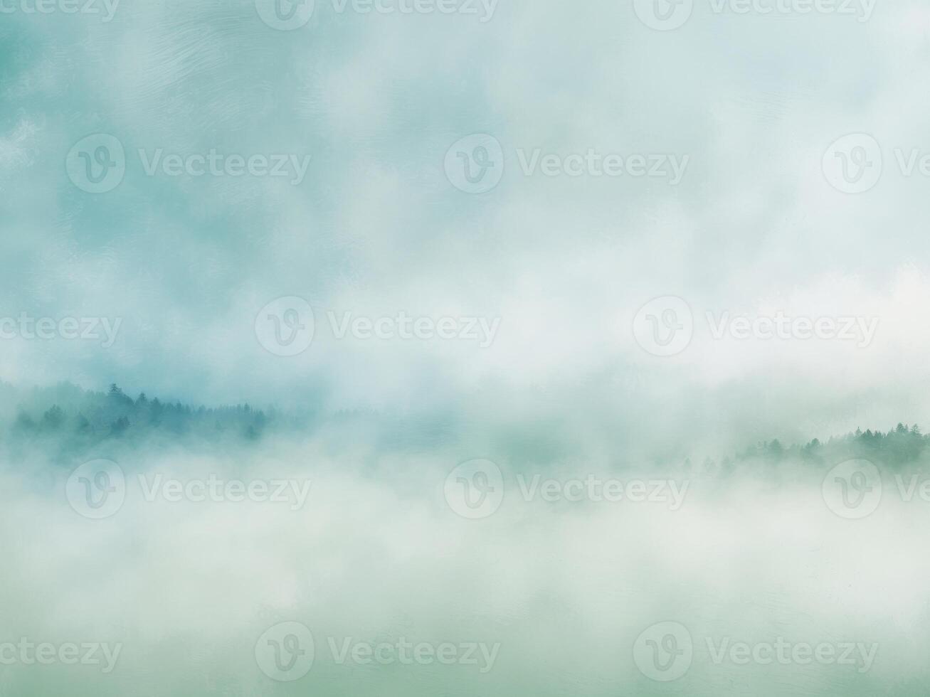 Ethereal Forest. A Serene Landscape of Mist and Trees in Soft Turquoise and Green Hues. photo