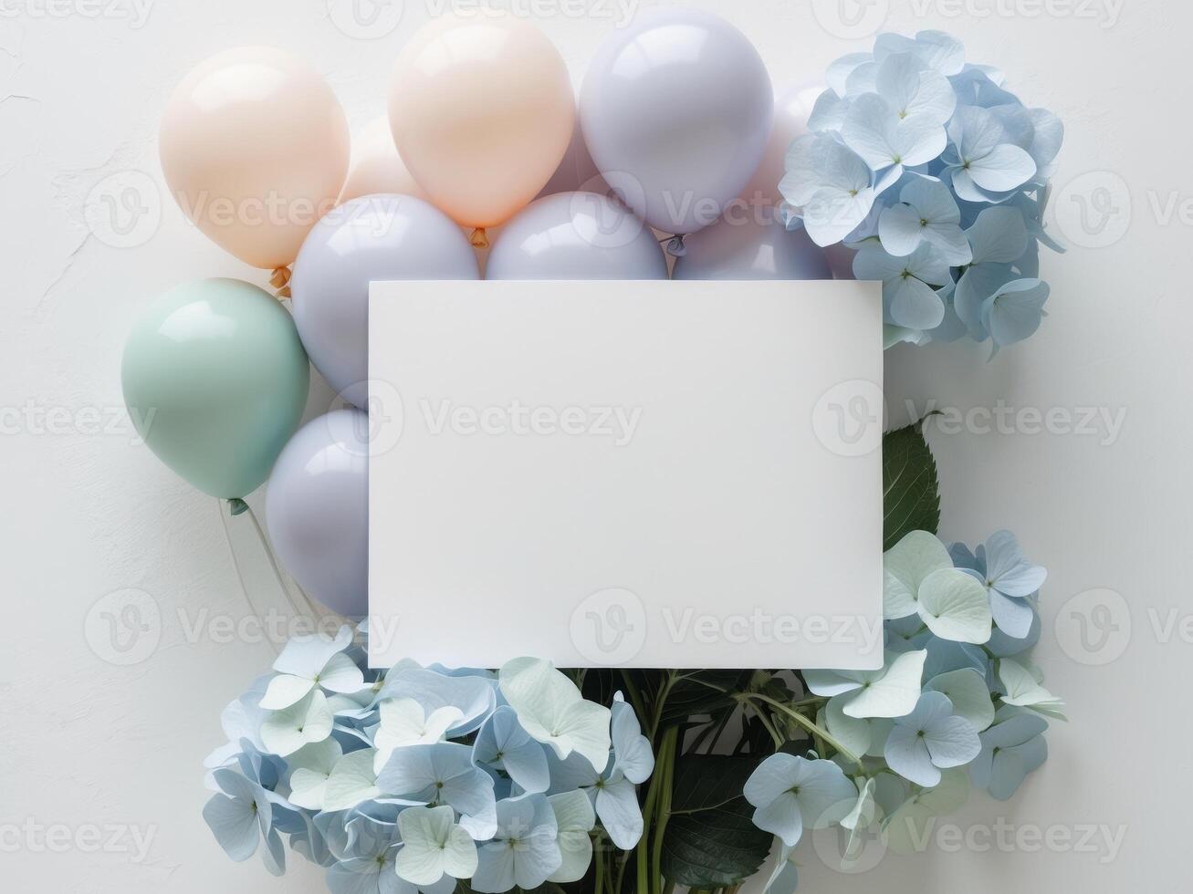 Balloons and Hydrangea Flowers with Blank Card for Invitation or Celebration photo