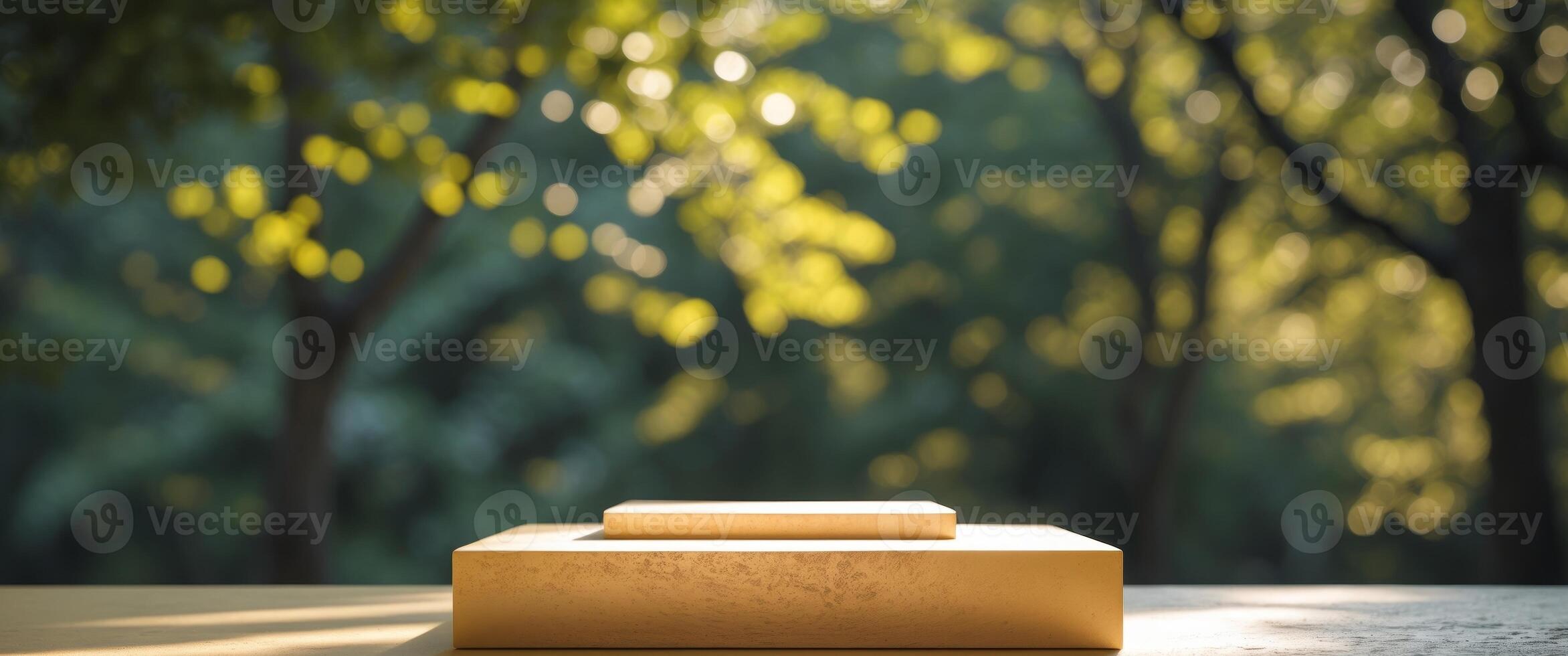 Product Display Podium in Natural Setting with Bokeh, Ideal for Marketing or Ads. photo
