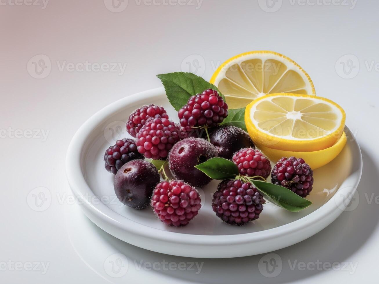 Plate of Fresh Berries and Lemon Slices, a Delicious and Healthy Fruit Combination. photo