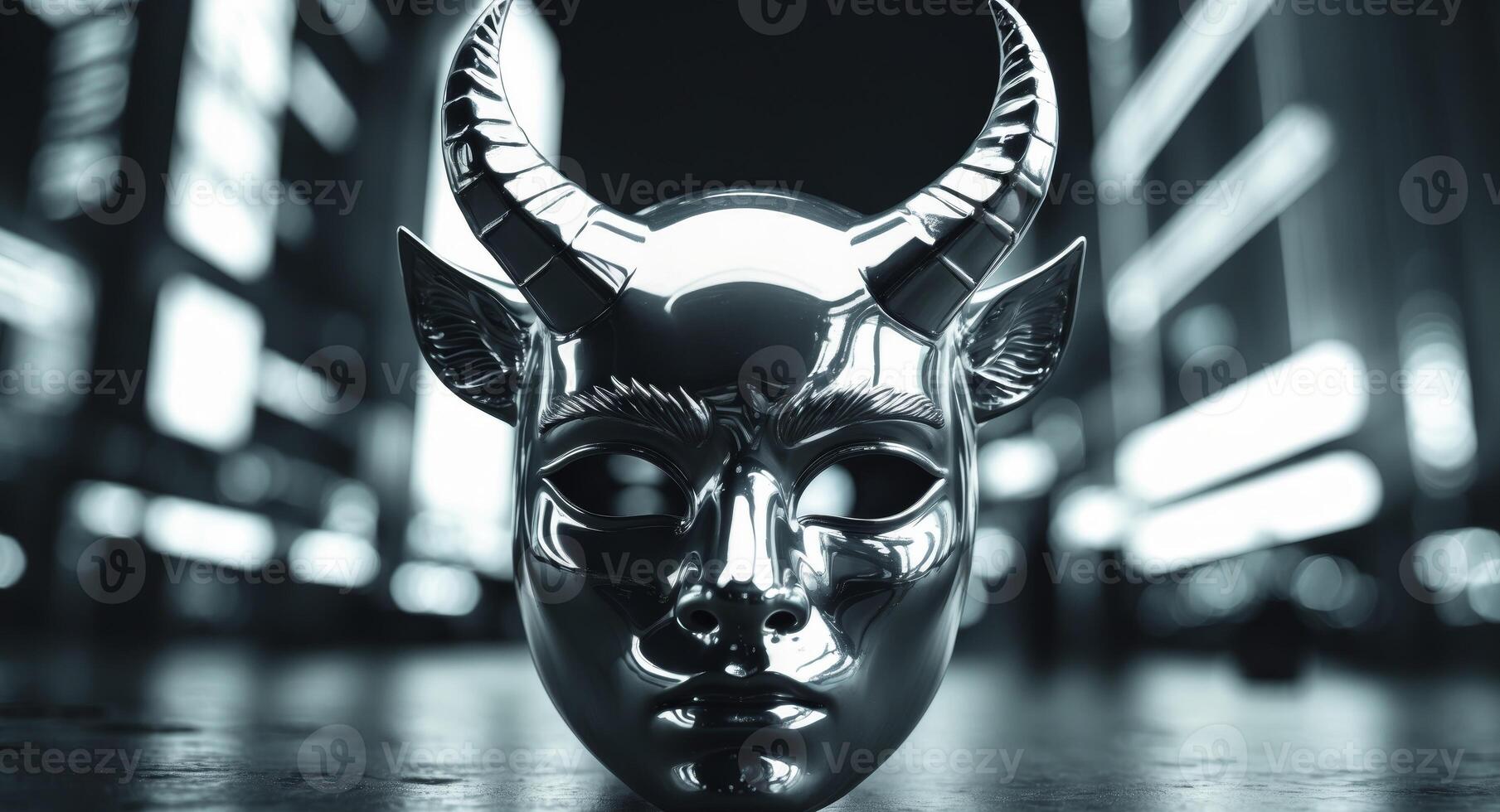 Silver Devil Mask in Urban Setting, a Study in Contrast and Metallic Sheen. photo