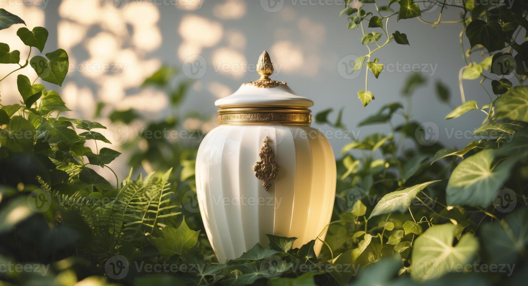 A white vase with gold trim sitting in the middle of some plants photo