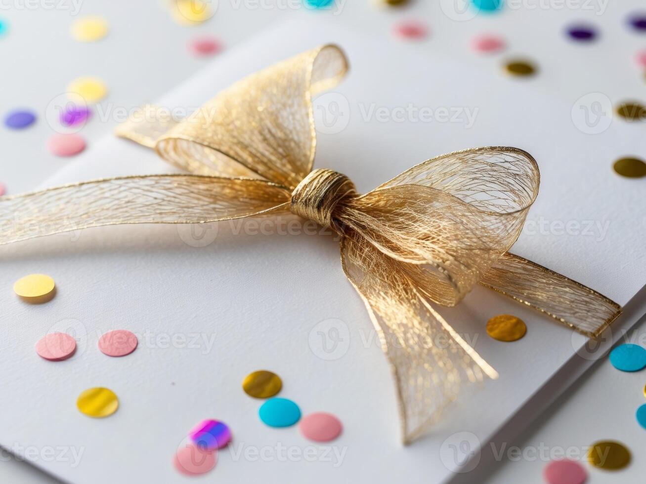 A gold bow on a white card with confetti photo