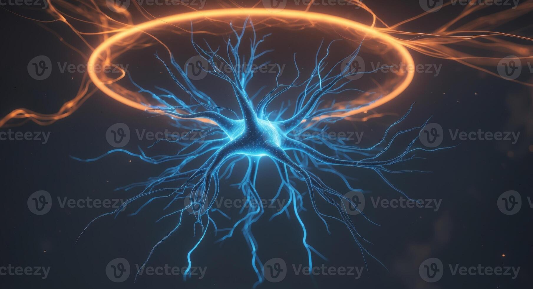 An image of a neuron with glowing blue and orange photo