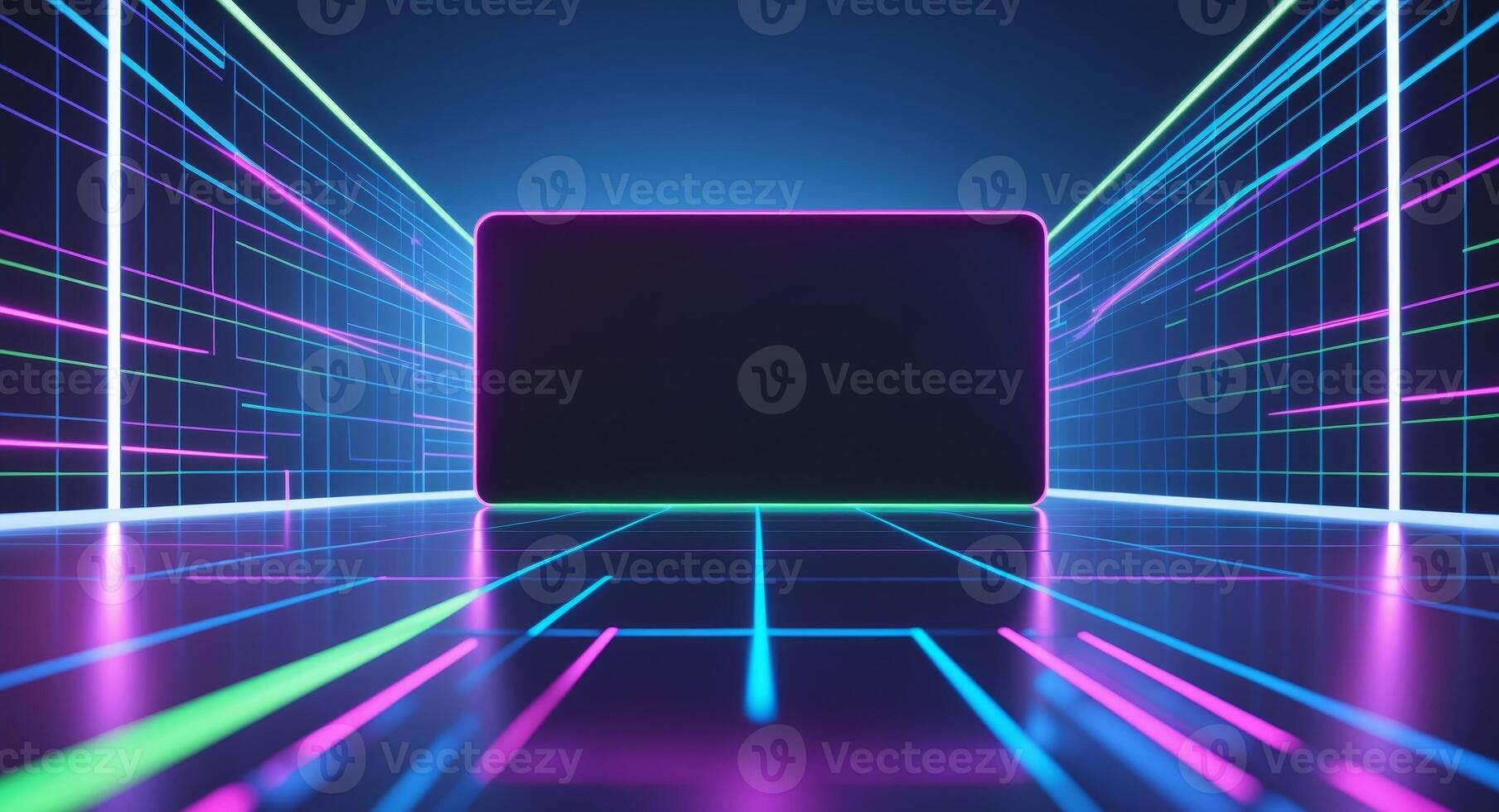 A neon lighted background with a black cube photo