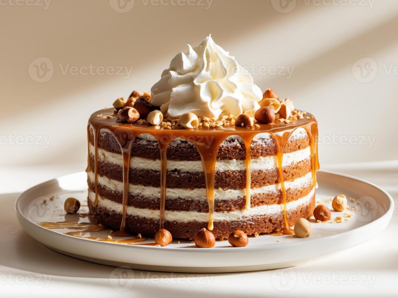 A cake with caramel and nuts on top photo