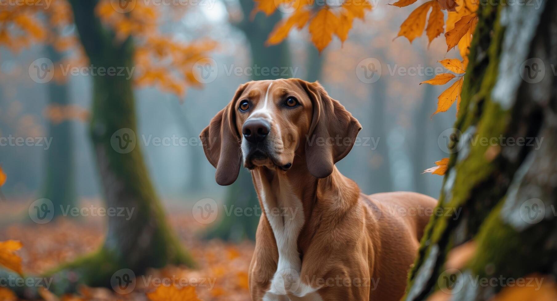 A Regal Hound Dog in a Tranquil Autumn Forest Setting, Natures Beauty Highlighted. photo