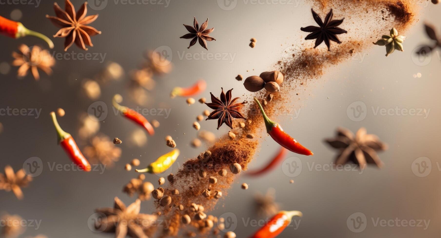 Spices Explosion. Anise Stars, Chili Peppers, and Nutmeg in MidAir, a Culinary Symphony. photo
