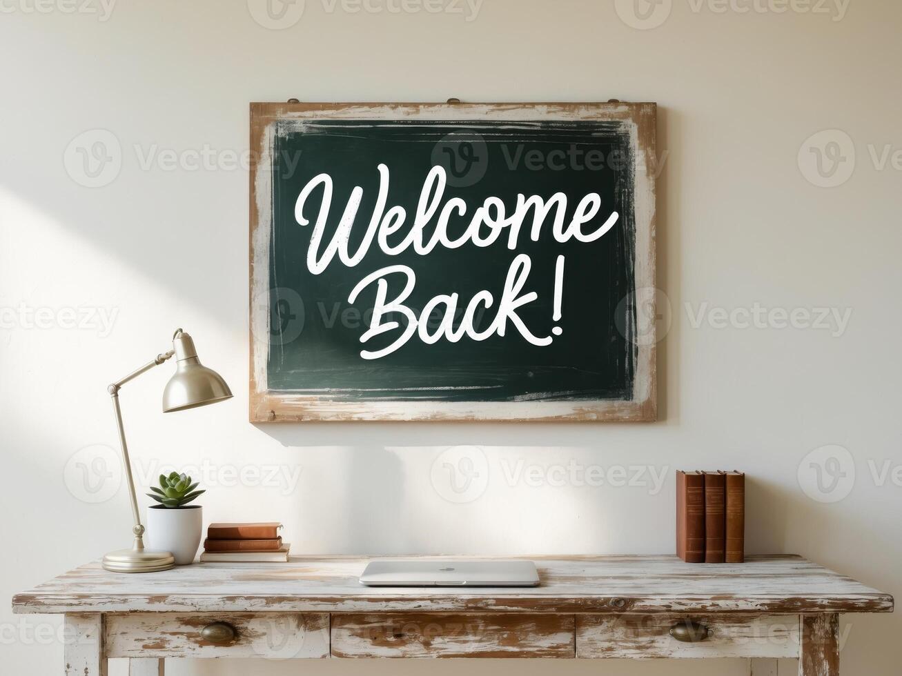 Welcome Back Blackboard Sign Above a Rustic Desk with Lamp, Books, and Laptop. photo