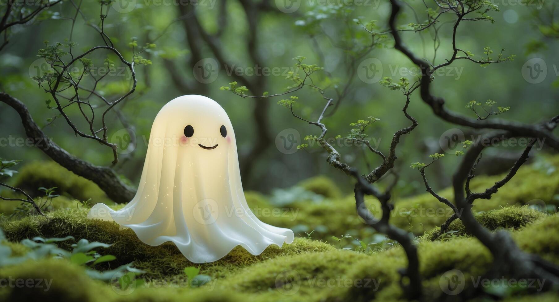 Cute Cartoon Ghost in Forest with Mossy Background and Twisted Branches. photo